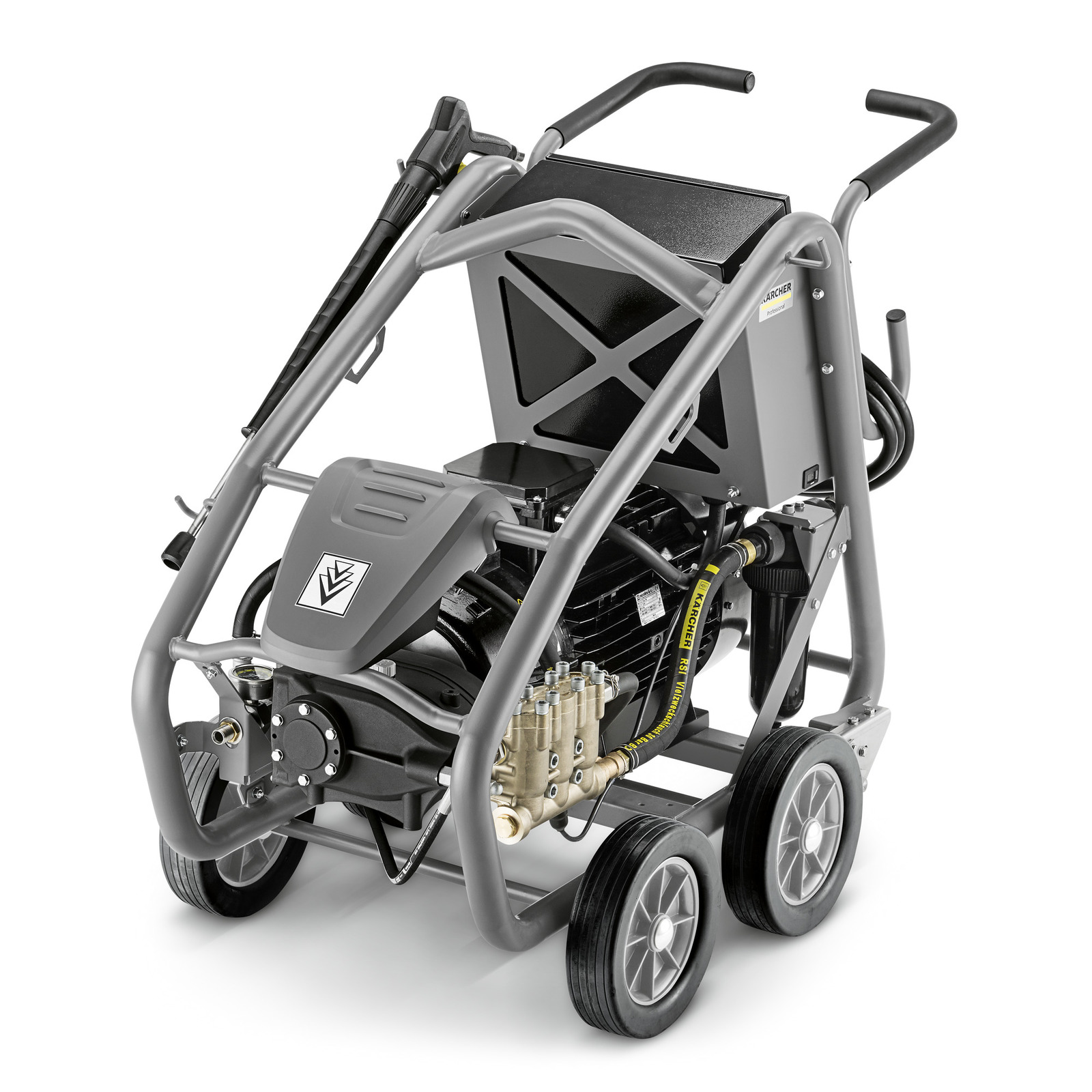 Kärcher high-pressure cleaner with four wheels, metal frame, and hose attachment, featuring a compact design.