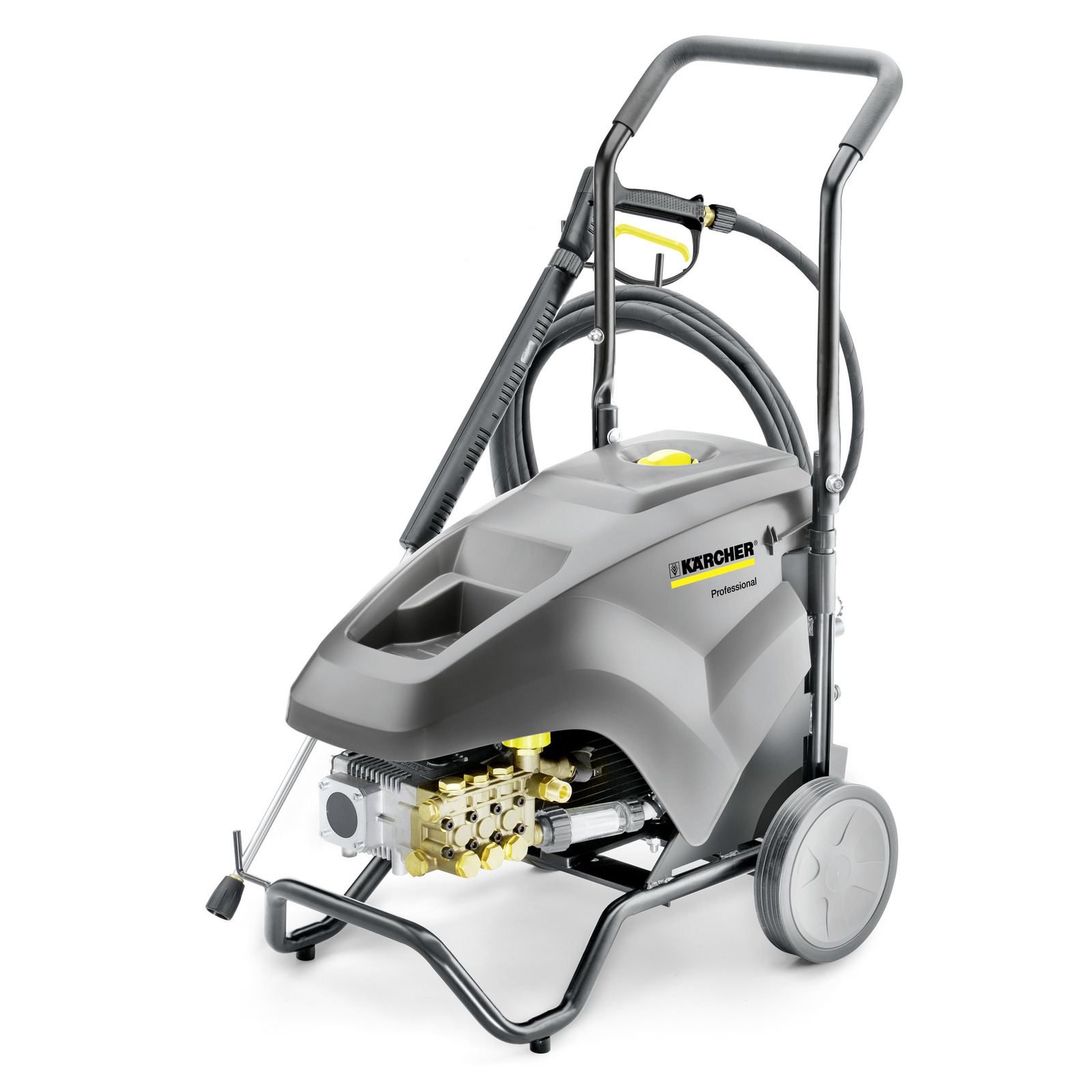 Kärcher high-pressure cleaner with grey casing, hose, and handle on wheels.