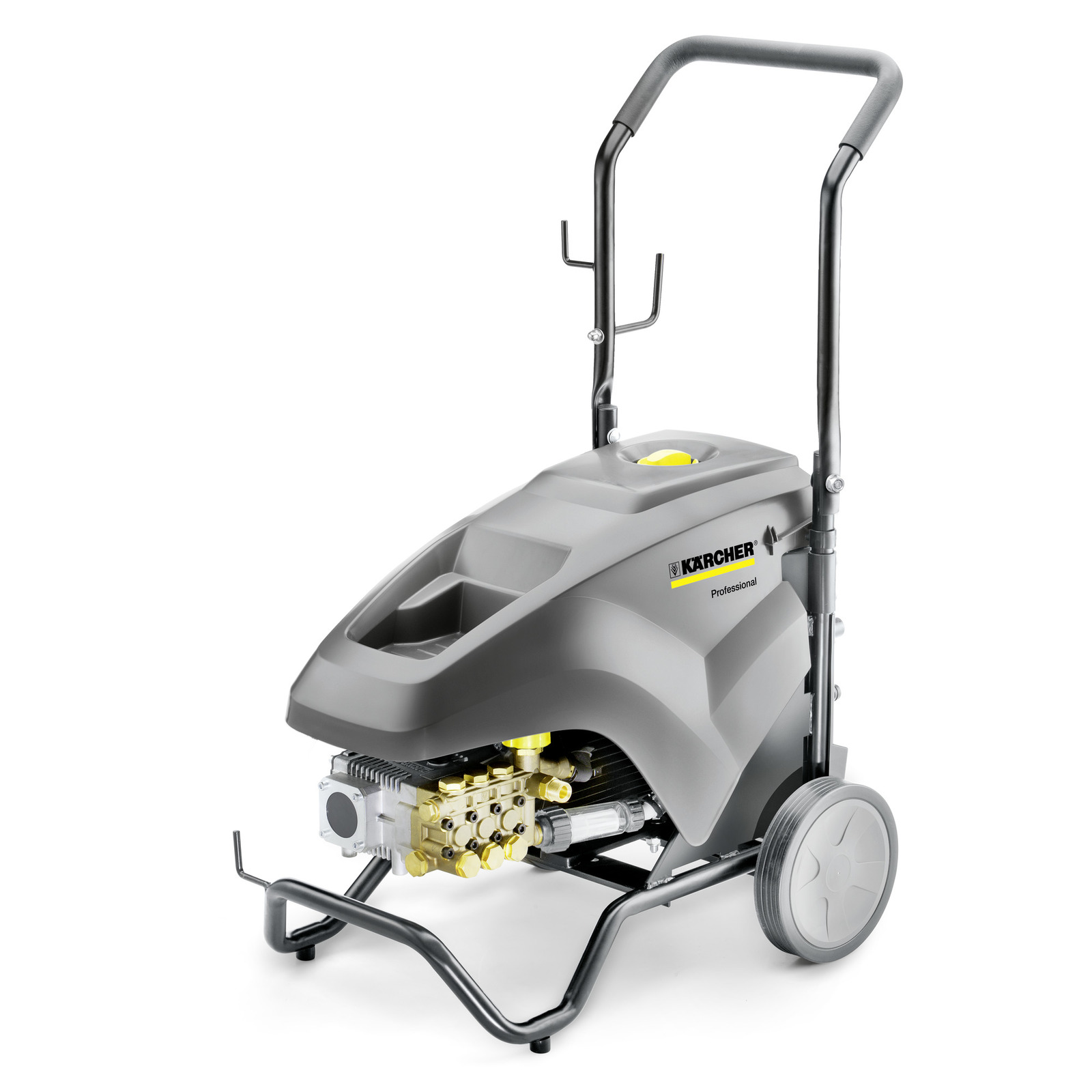 Kärcher high-pressure cleaner with grey casing, two wheels, and metal handle, featuring visible pump components.