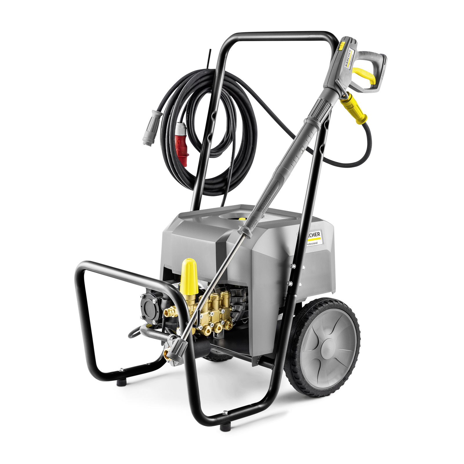Kärcher high-pressure cleaner with hose and spray gun, mounted on a wheeled frame. Kärcher high-pressure cleaner with hose and spray gun, mounted on a wheeled frame.