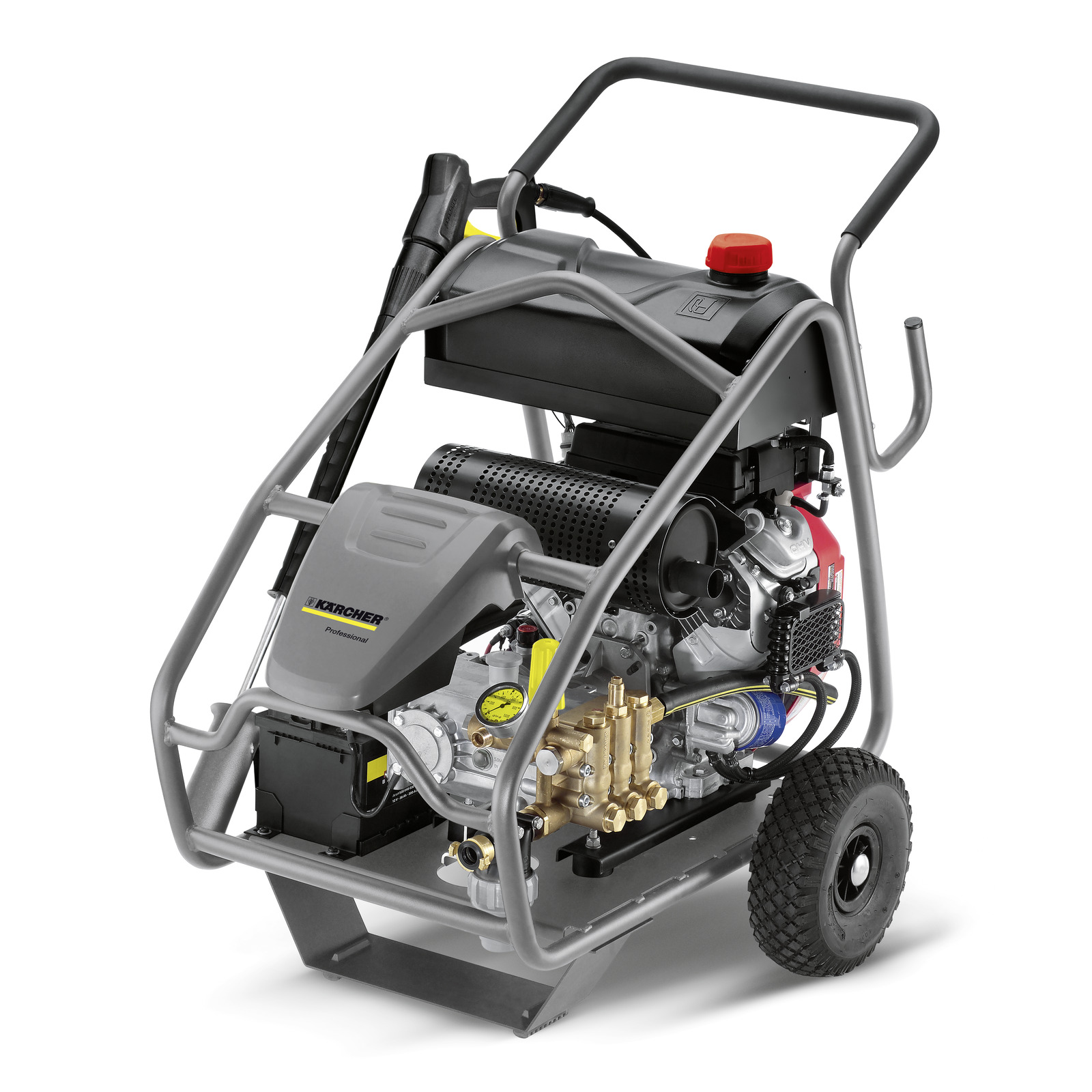 Kärcher high-pressure cleaner with a metal frame, wheels, and visible engine components, including a red cap and pressure gauge. Kärcher high-pressure cleaner with a metal frame, wheels, and visible engine components, including a red cap and pressure gauge.