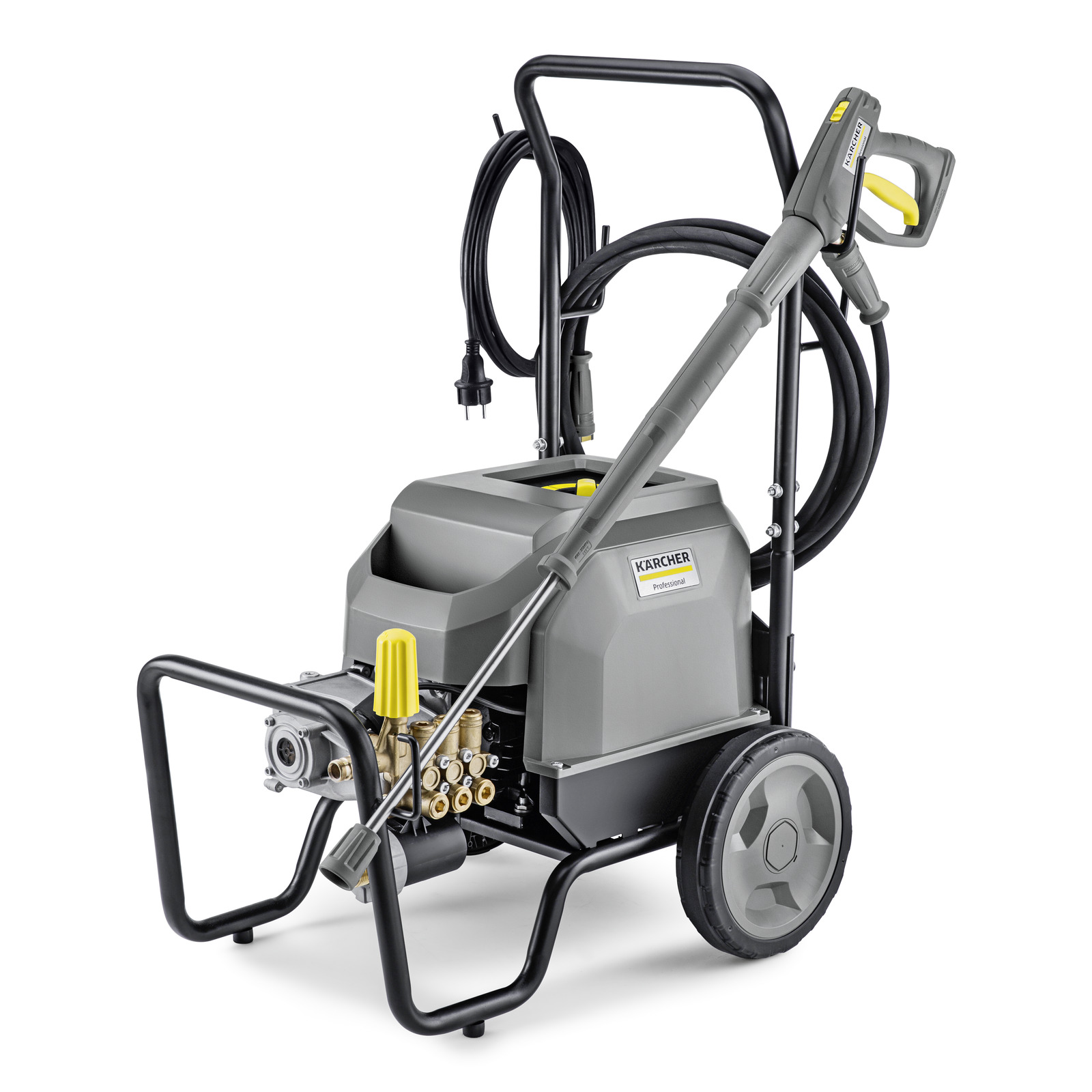 Kärcher high-pressure cleaner with grey body, black handle, and wheels, featuring a yellow nozzle and coiled power cord. Kärcher high-pressure cleaner with grey body, black handle, and wheels, featuring a yellow nozzle and coiled power cord.