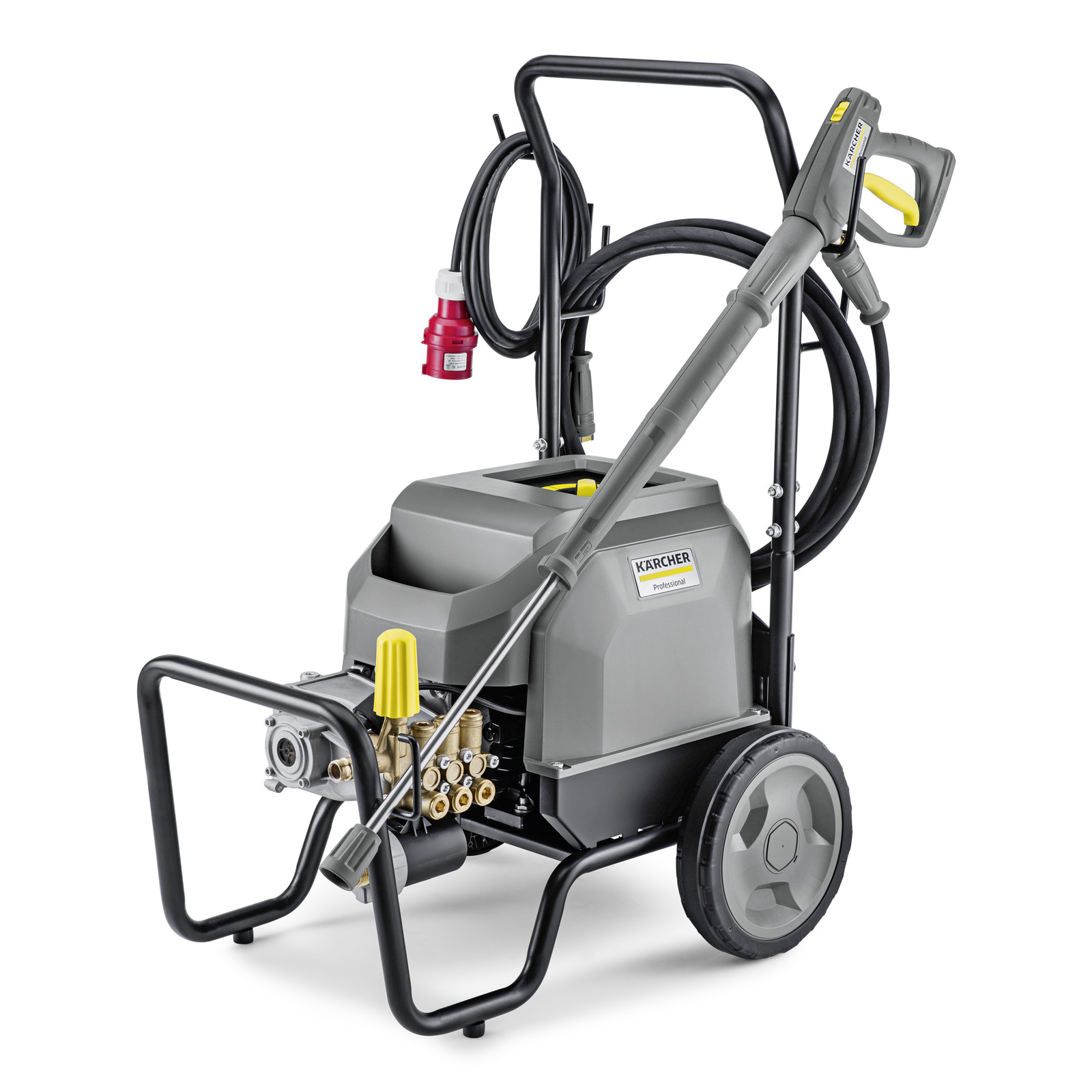 Kärcher high-pressure cleaner with hose and spray gun, mounted on a wheeled frame.
