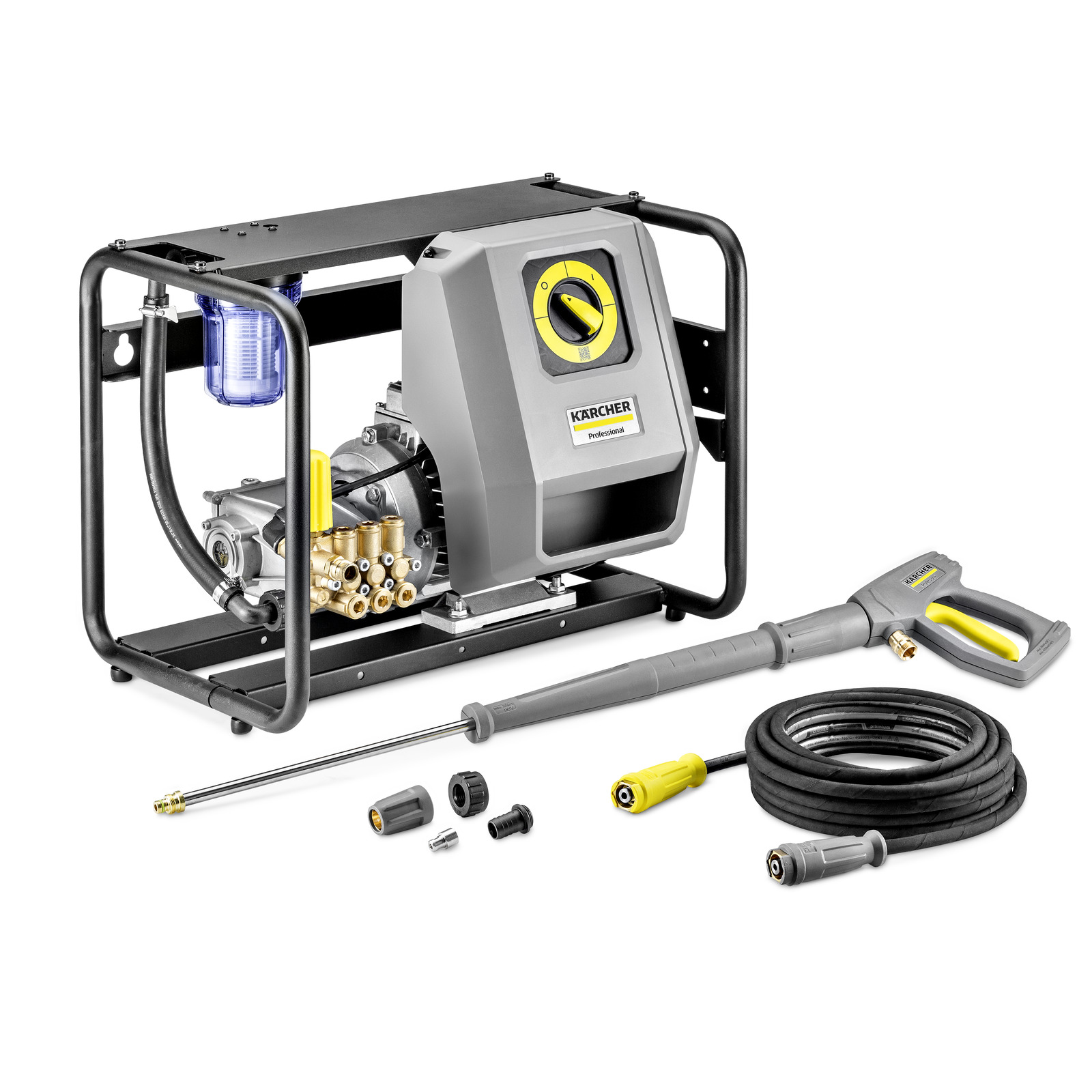 Kärcher high-pressure cleaner with hose, spray gun, and various nozzle attachments on a white background.