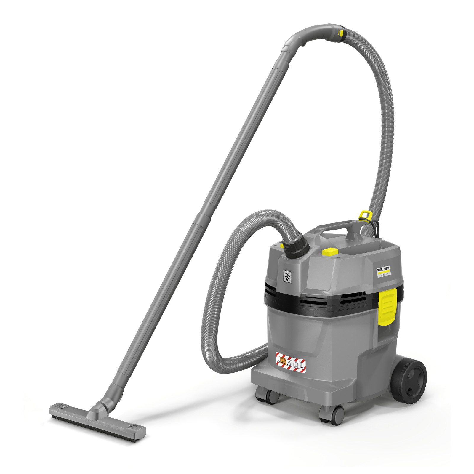 Grey Kärcher wet and dry vacuum cleaner with a long hose and floor nozzle, featuring yellow accents and wheels.