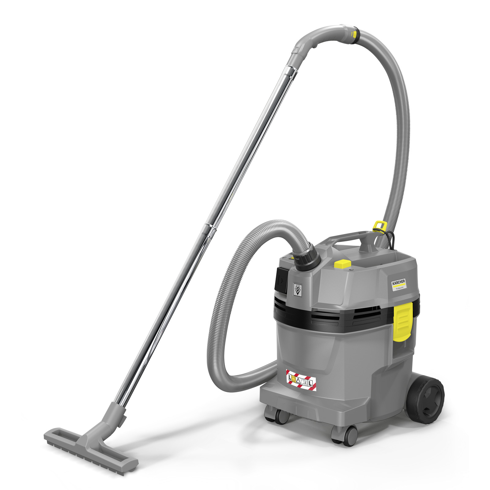 A Kärcher wet and dry vacuum cleaner, grey and yellow, with a hose, metal wand, and floor tool, presented on a white background.
