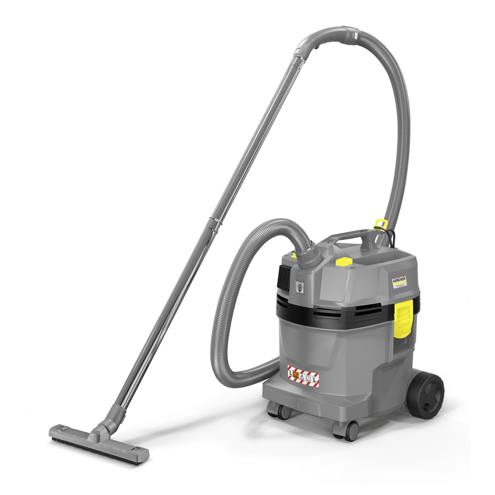 Kärcher wet and dry vacuum cleaner with a long hose and floor nozzle, featuring grey and yellow accents. Kärcher wet and dry vacuum cleaner with a long hose and floor nozzle, featuring grey and yellow accents.
