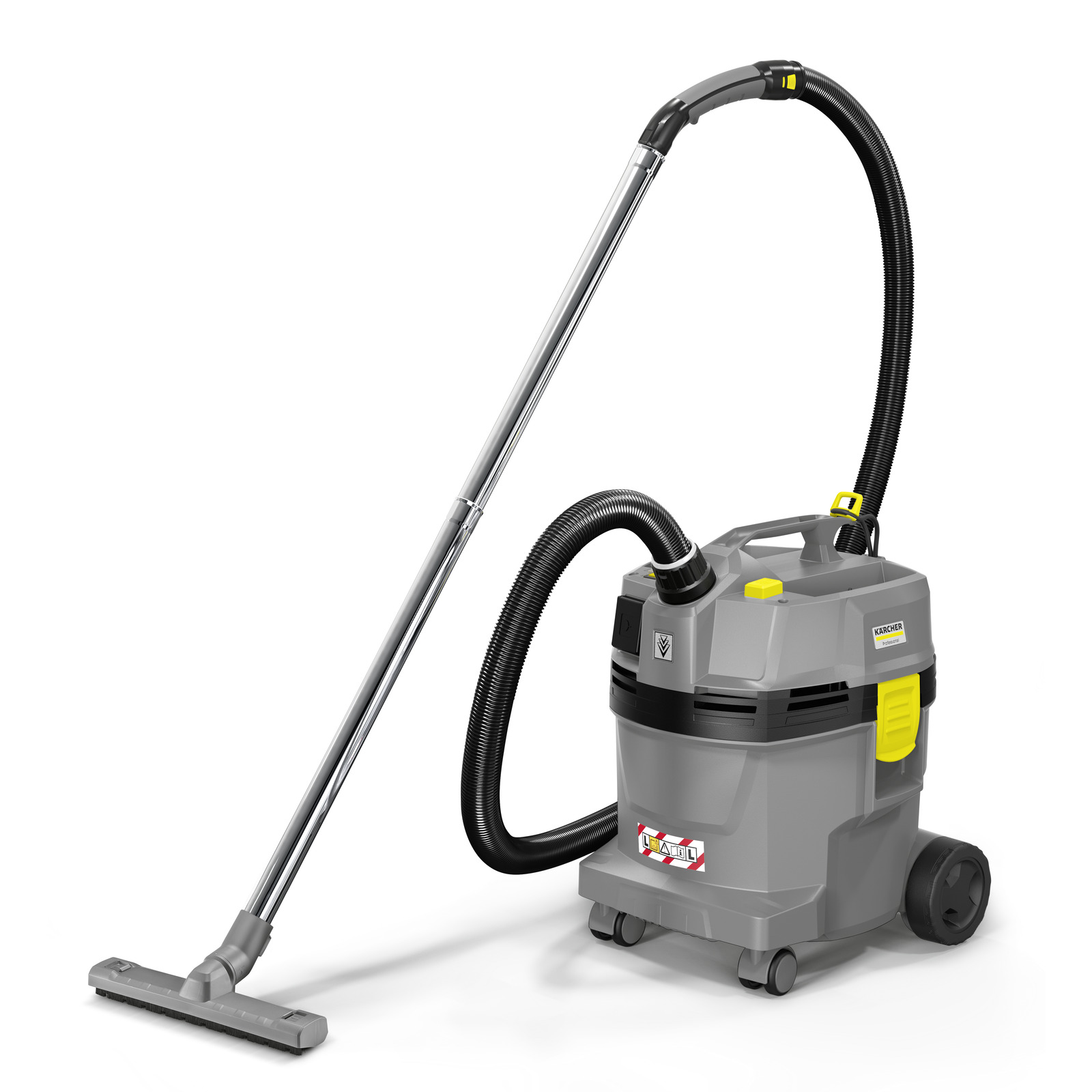 Aspirator Kärcher gri cu furtun negru și duză metalică, pe fundal alb. Aspirator Kärcher gri cu furtun negru și duză metalică, pe fundal alb.