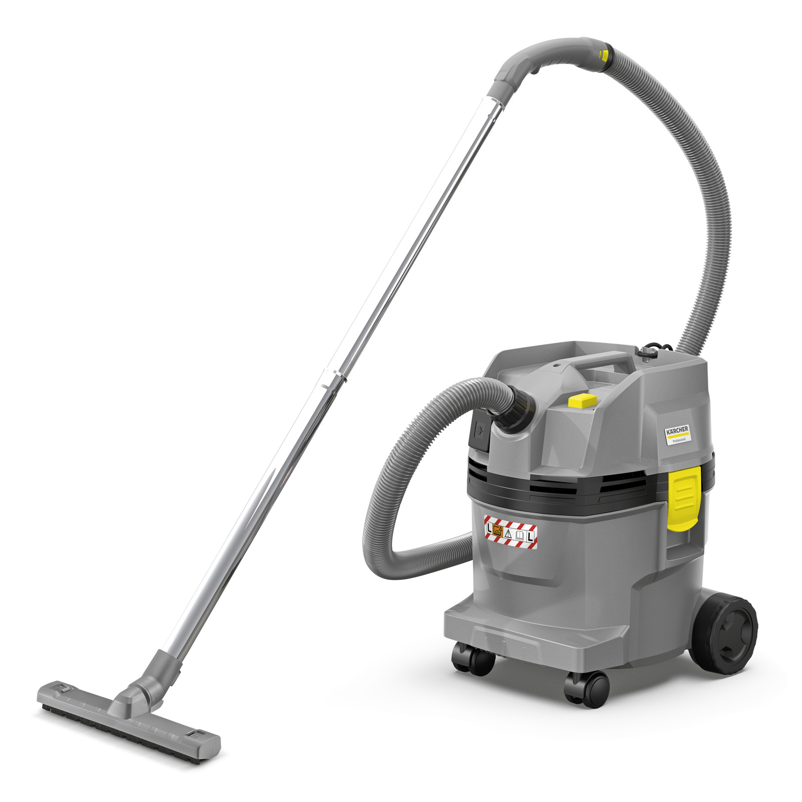 Kärcher wet and dry vacuum cleaner with grey body, yellow accents, and flexible hose on wheels. Kärcher wet and dry vacuum cleaner with grey body, yellow accents, and flexible hose on wheels.