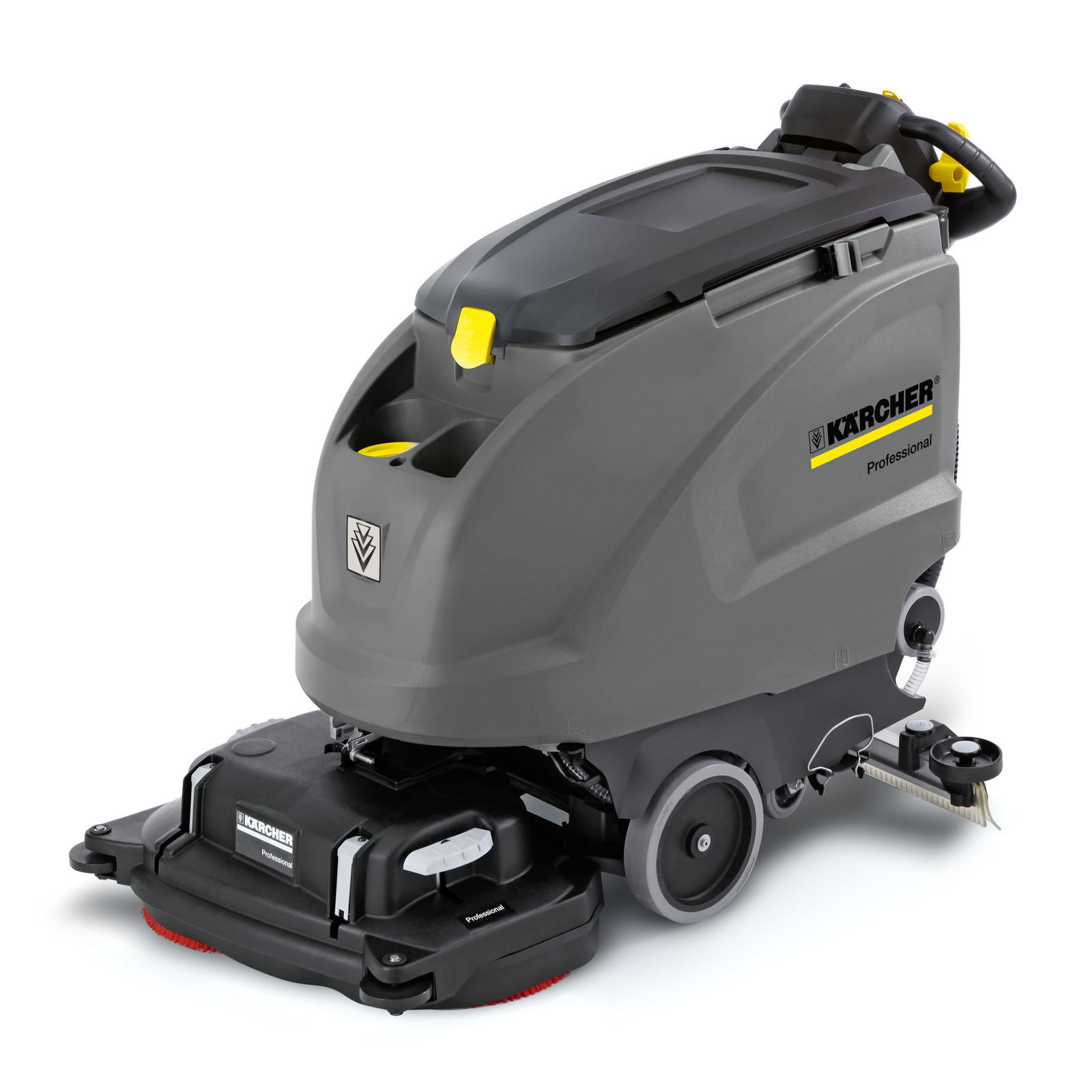 Kärcher professional floor scrubber with grey body, black base, and yellow accents, featuring wheels and brush attachments. Kärcher professional floor scrubber with grey body, black base, and yellow accents, featuring wheels and brush attachments.