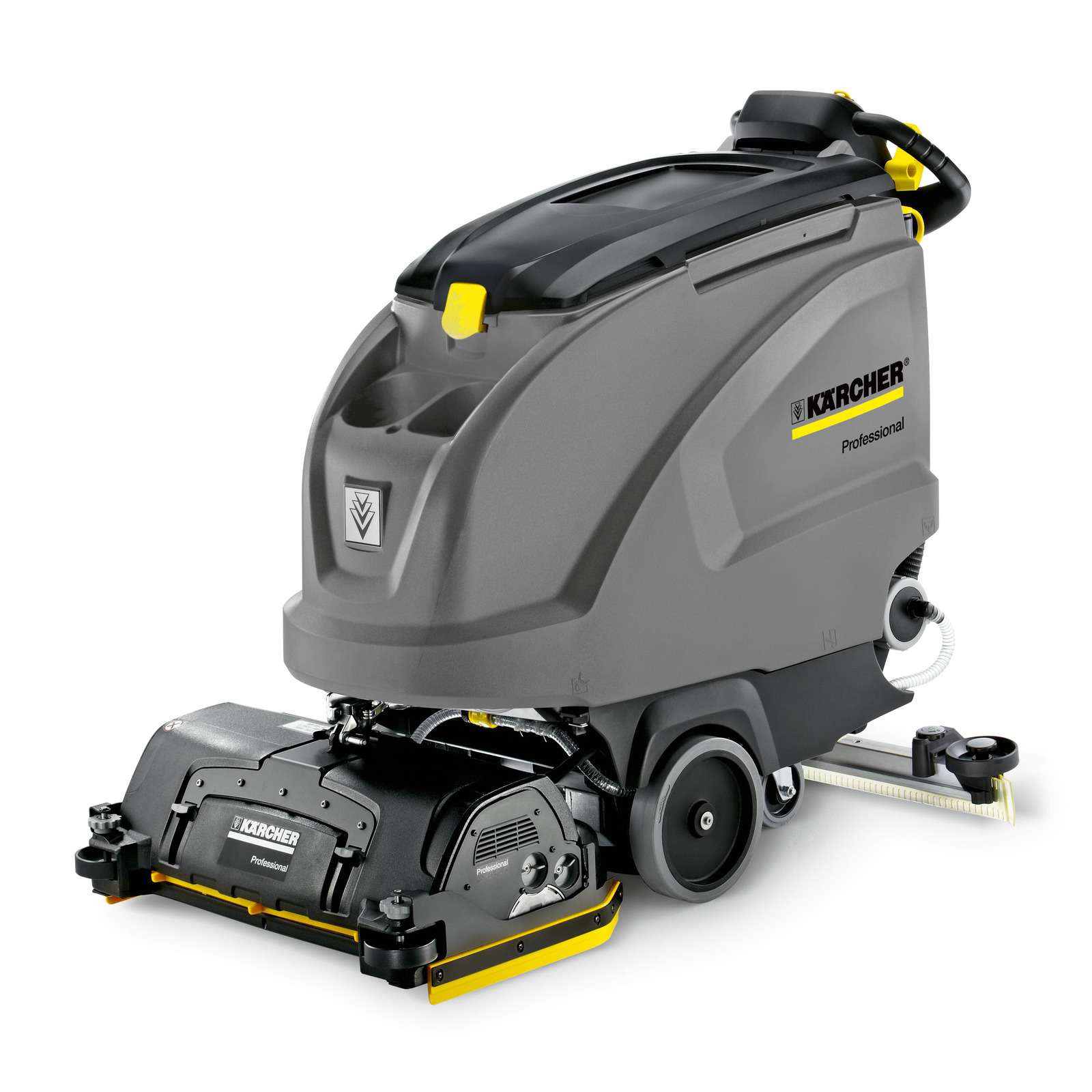Kärcher professional floor scrubber with grey body, black and yellow accents, and visible brushes and wheels. Kärcher professional floor scrubber with grey body, black and yellow accents, and visible brushes and wheels.