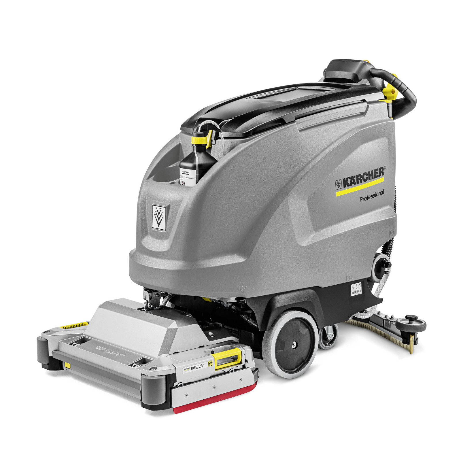 Kärcher professional floor scrubber with grey body, yellow accents, and attached cleaning brush. Kärcher professional floor scrubber with grey body, yellow accents, and attached cleaning brush.
