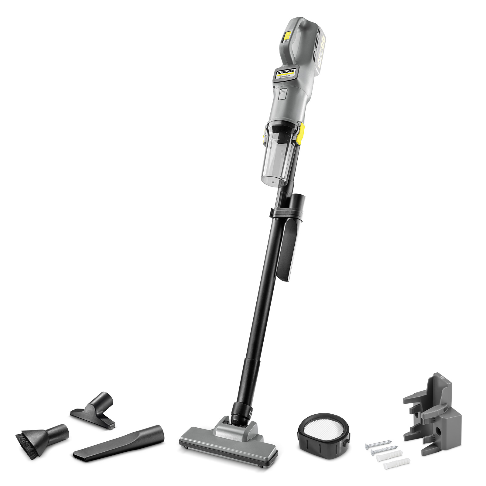 Kärcher cordless stick vacuum upright indoors with floor nozzle, crevice tool, upholstery brush, charging dock and wall mount Kärcher cordless stick vacuum upright indoors with floor nozzle, crevice tool, upholstery brush, charging dock and wall mount