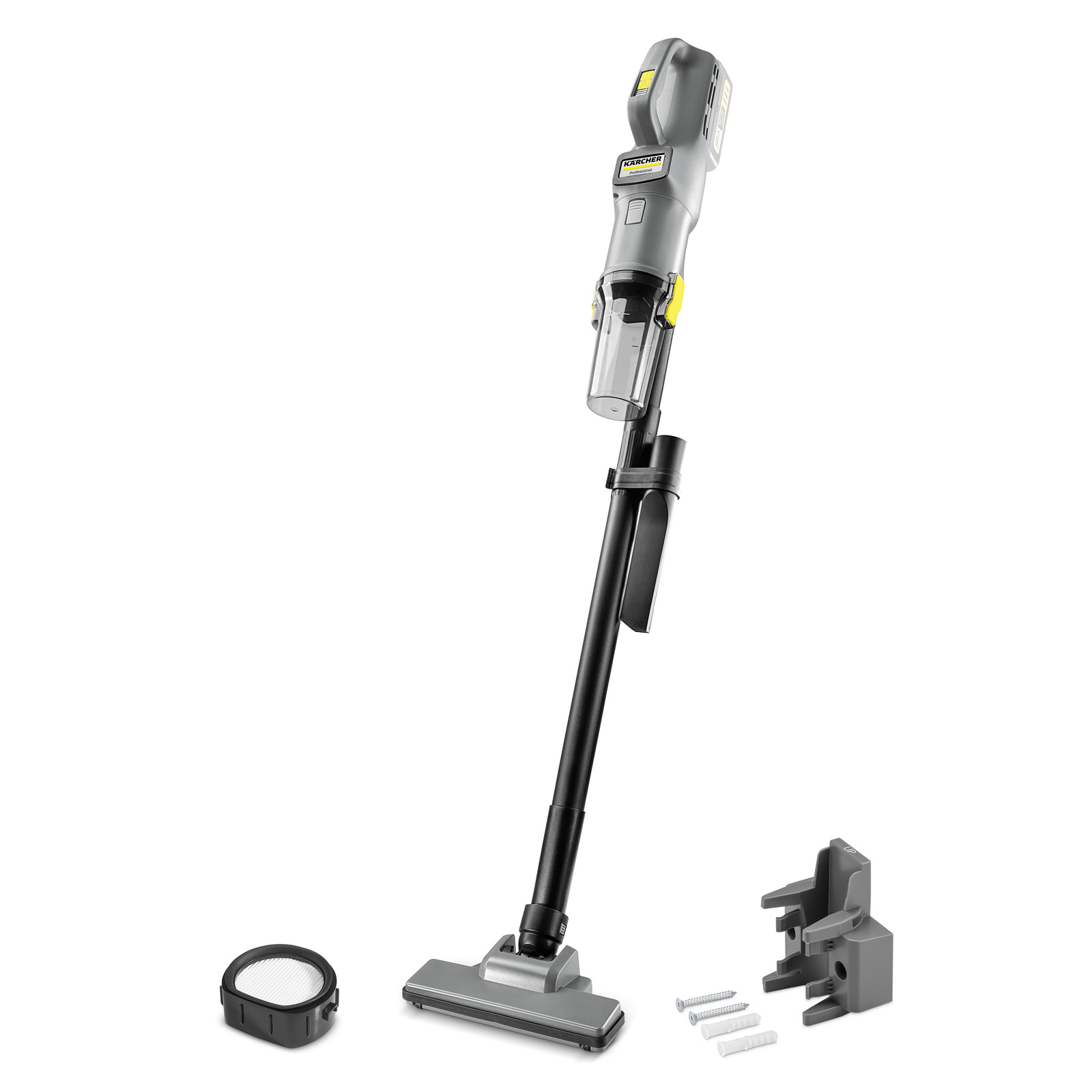 Kärcher cordless stick vacuum cleaner with a grey and black design, shown alongside a circular filter, a wall mount, and mounting screws against a white background. Kärcher cordless stick vacuum cleaner with a grey and black design, shown alongside a circular filter, a wall mount, and mounting screws against a white background.