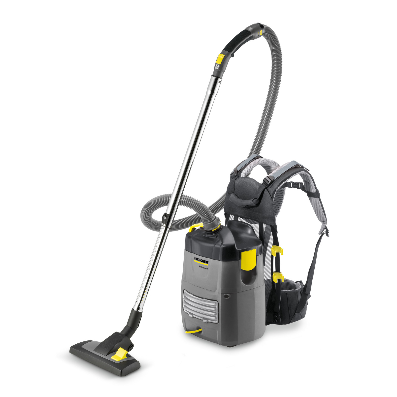 Kärcher backpack vacuum cleaner with grey and black design, featuring a hose and wand attachment. Kärcher backpack vacuum cleaner with grey and black design, featuring a hose and wand attachment.
