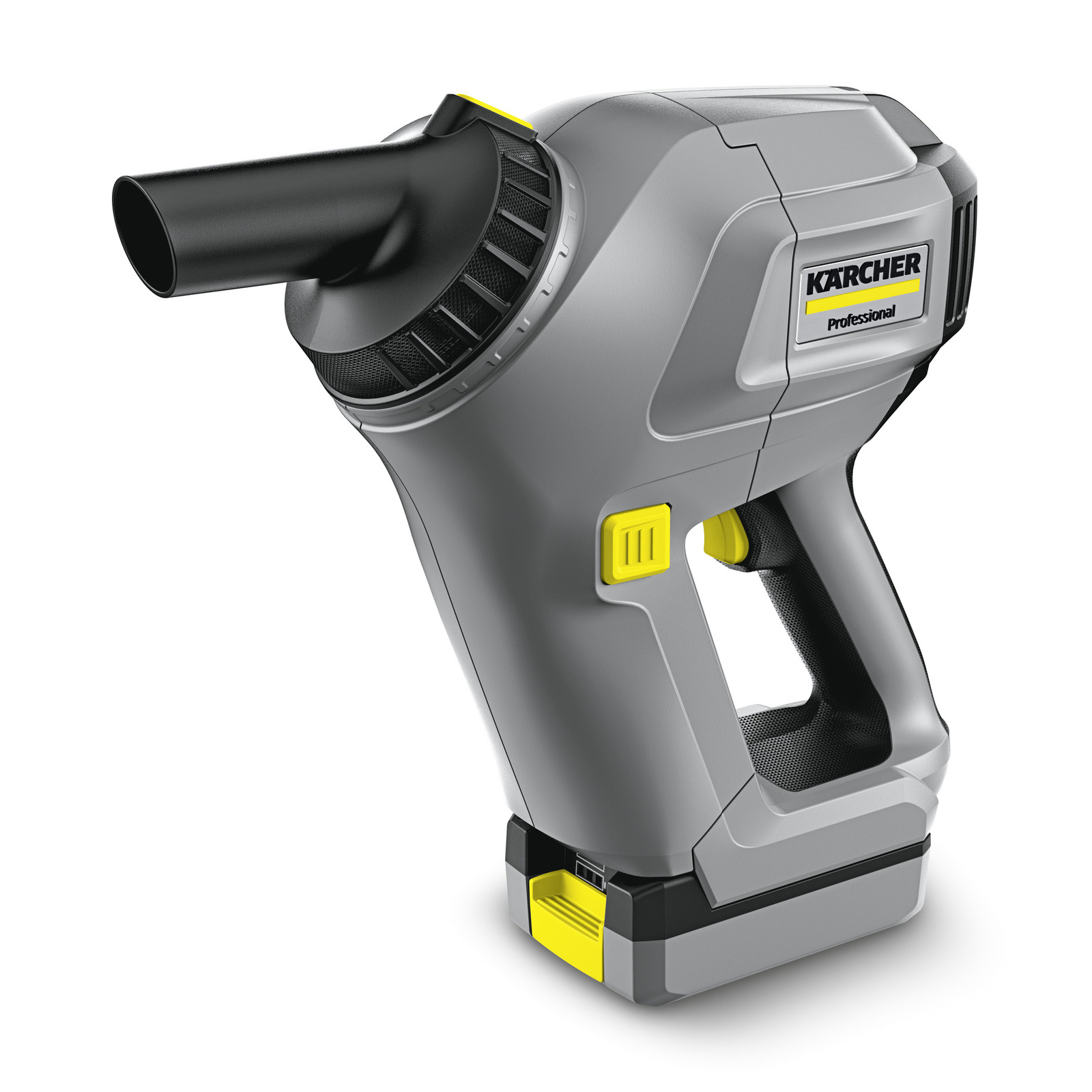 Kärcher handheld blower in grey with black nozzle and yellow accents, labelled "Professional."