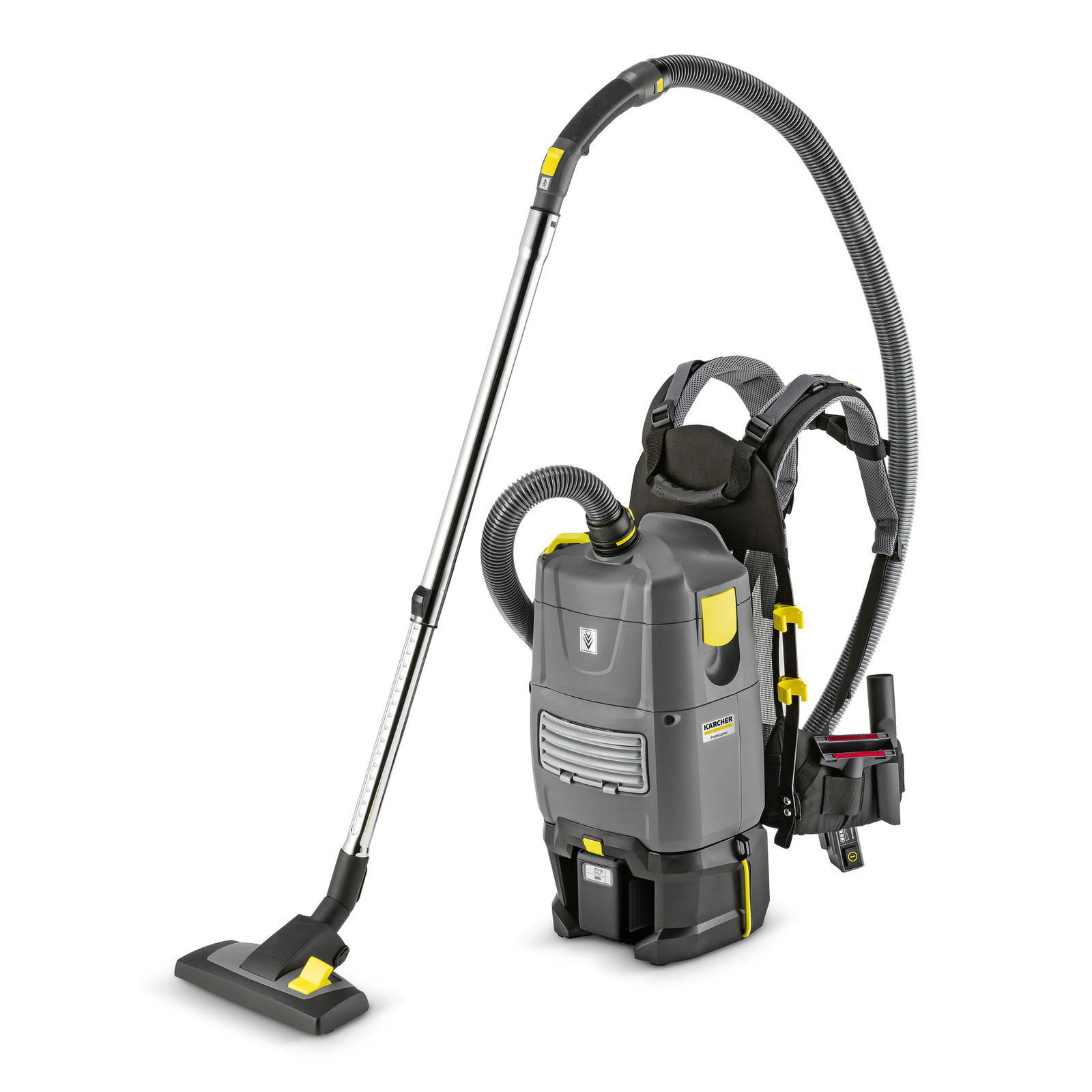 Kärcher backpack vacuum cleaner with hose and floor nozzle, featuring a grey and yellow design.
