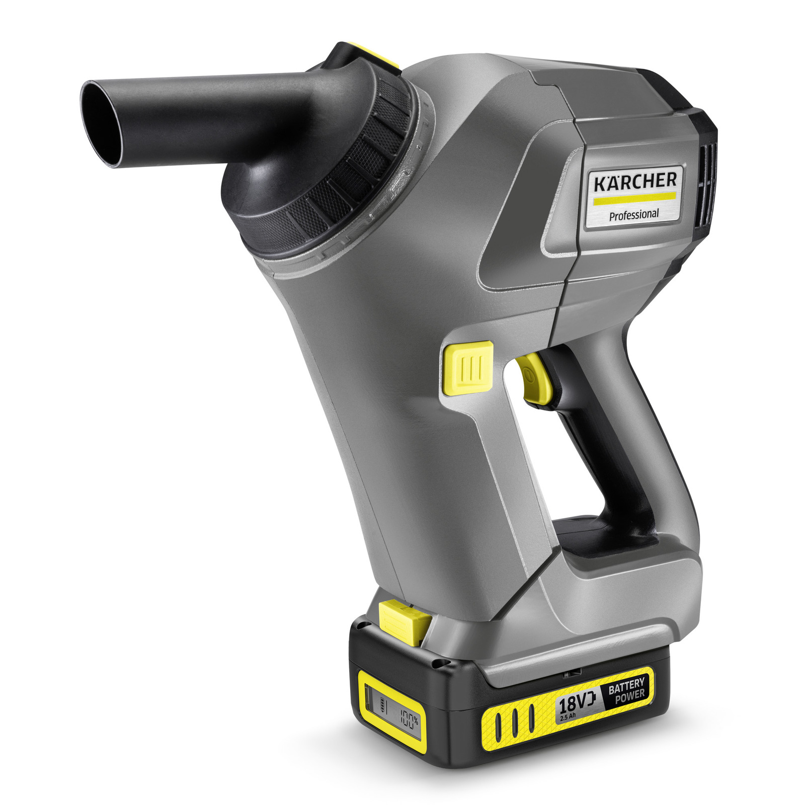 Kärcher professional handheld blower with grey body, black nozzle, and yellow accents, powered by an 18V battery.