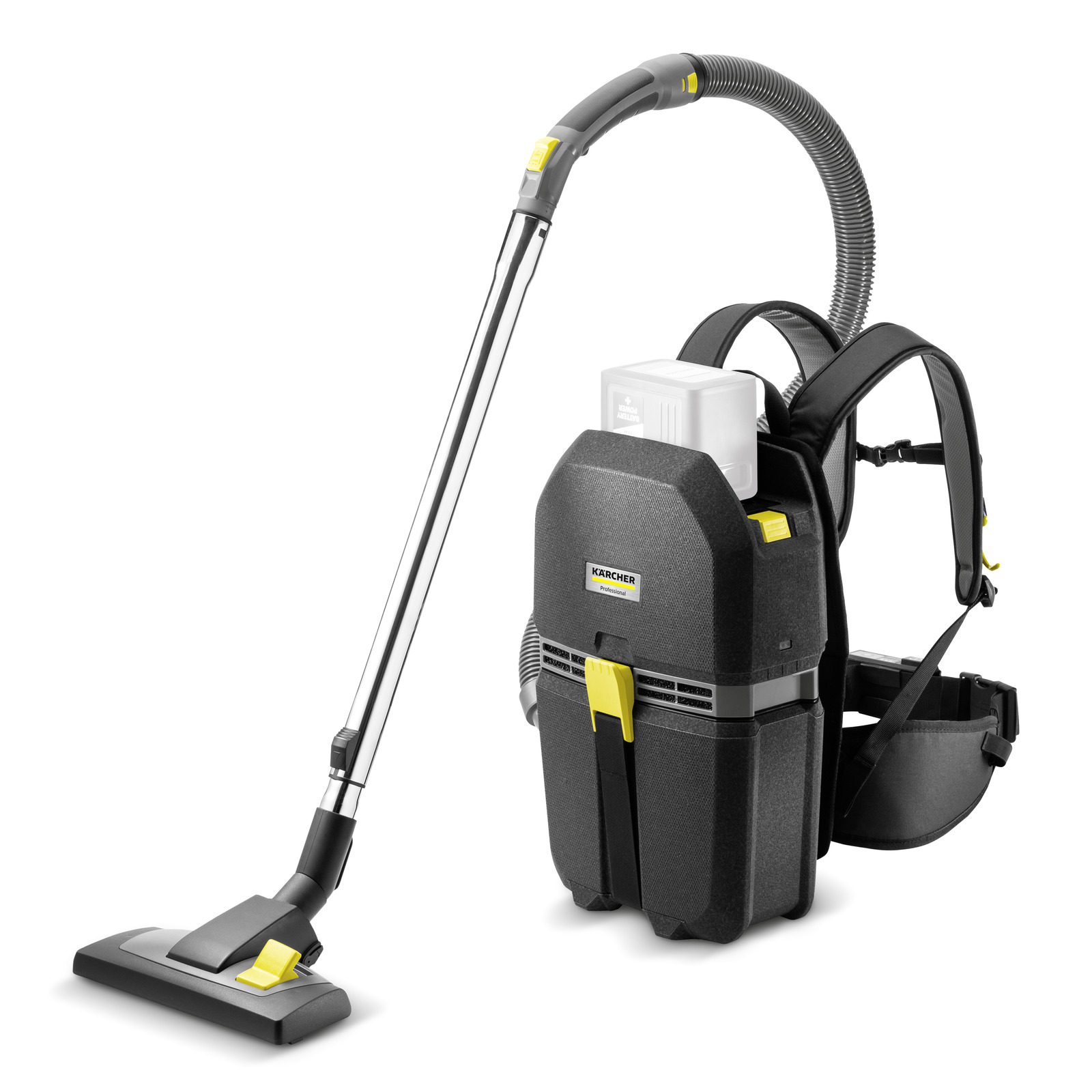 Kärcher backpack vacuum cleaner with a long hose and floor nozzle, featuring a black and yellow design. Kärcher backpack vacuum cleaner with a long hose and floor nozzle, featuring a black and yellow design.