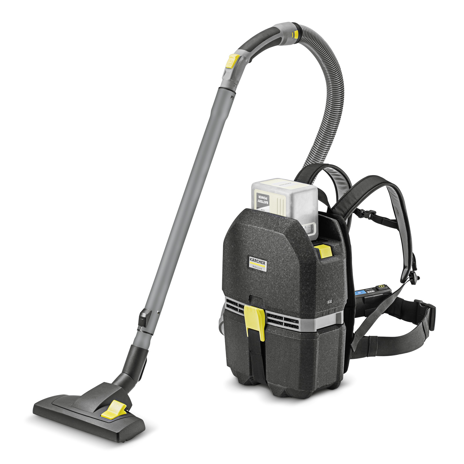 Kärcher backpack vacuum cleaner with hose and floor nozzle, featuring a black and yellow design. Kärcher backpack vacuum cleaner with hose and floor nozzle, featuring a black and yellow design.