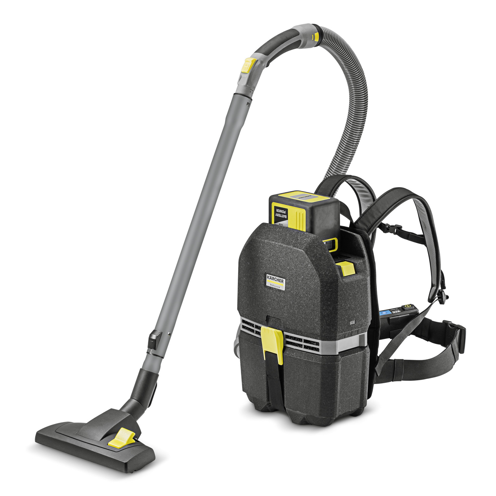 Kärcher backpack vacuum cleaner with a hose and floor nozzle, featuring a black and yellow design.