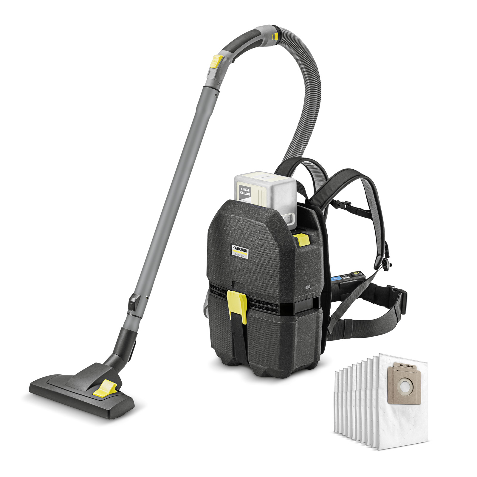 Kärcher Rucksack-Staubsauger mit Akku und Staubsaugerbeutel, schwarz-gelb, vor weißem Hintergrund.