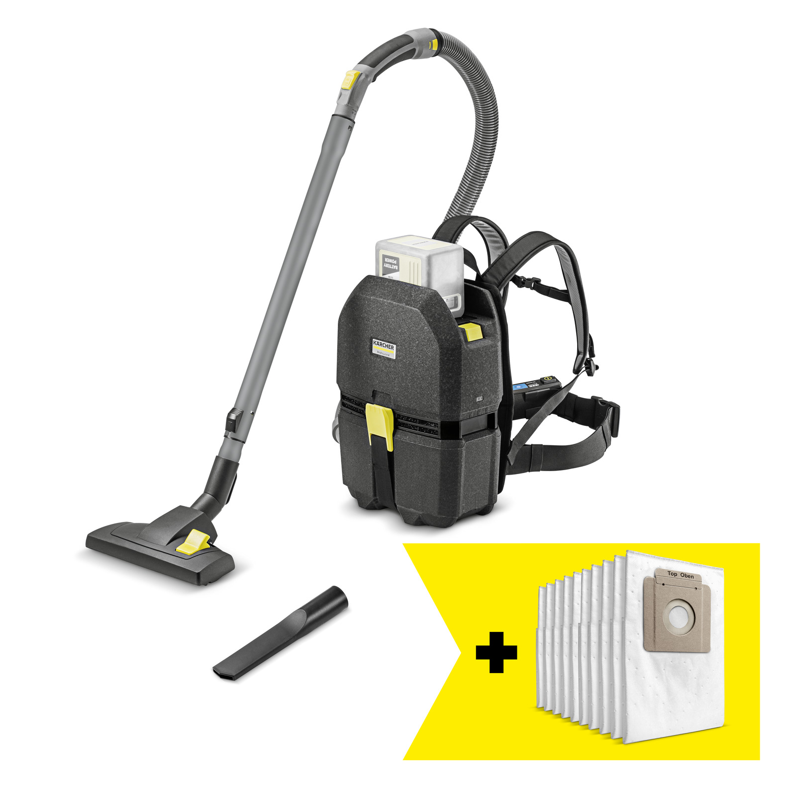 Kärcher Rucksack-Staubsauger mit Saugrohr und Zubehör, inklusive Staubsaugerbeutel im gelben Feld.