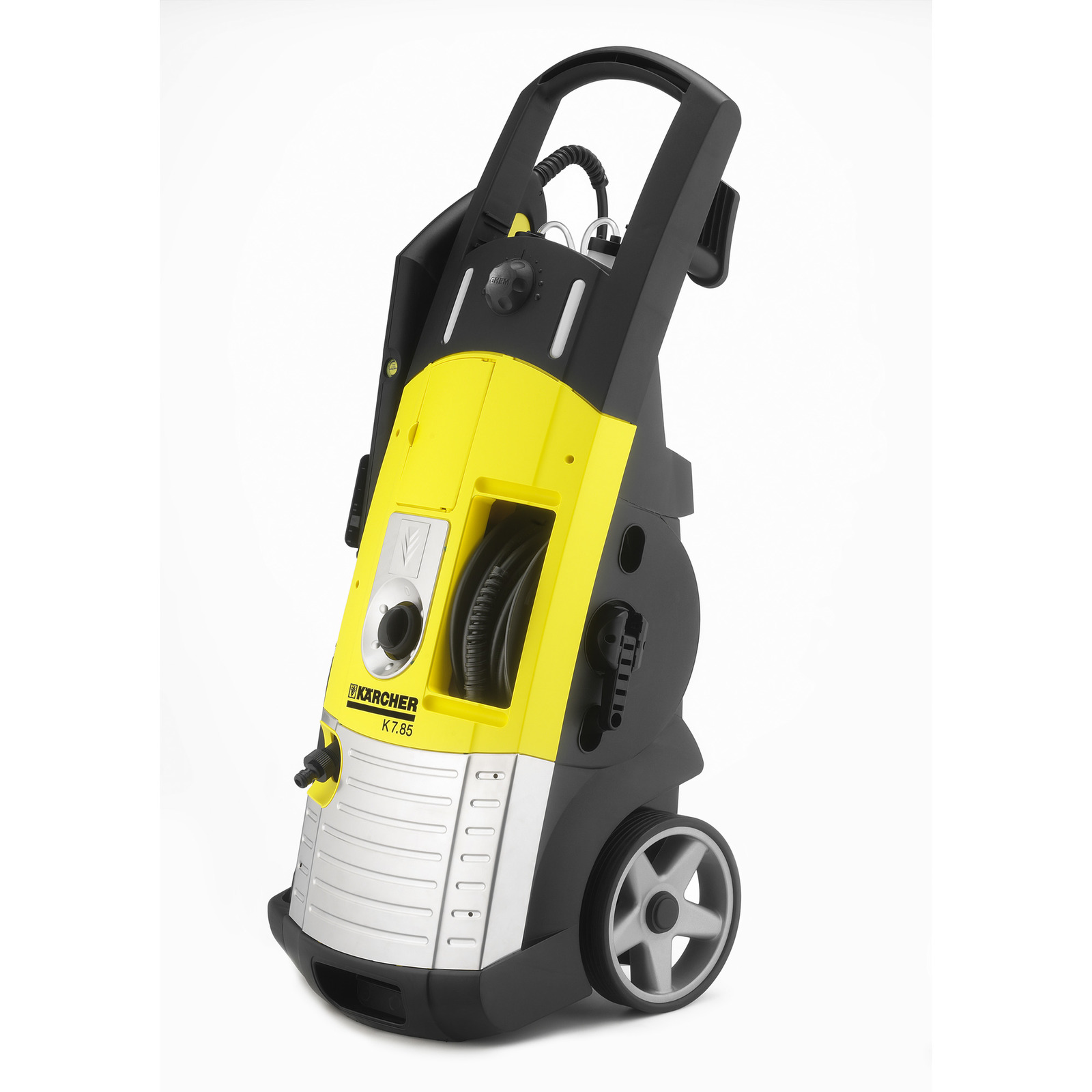 Kärcher K7.85 high-pressure cleaner with yellow and black casing, hose reel, and wheels on a white background.