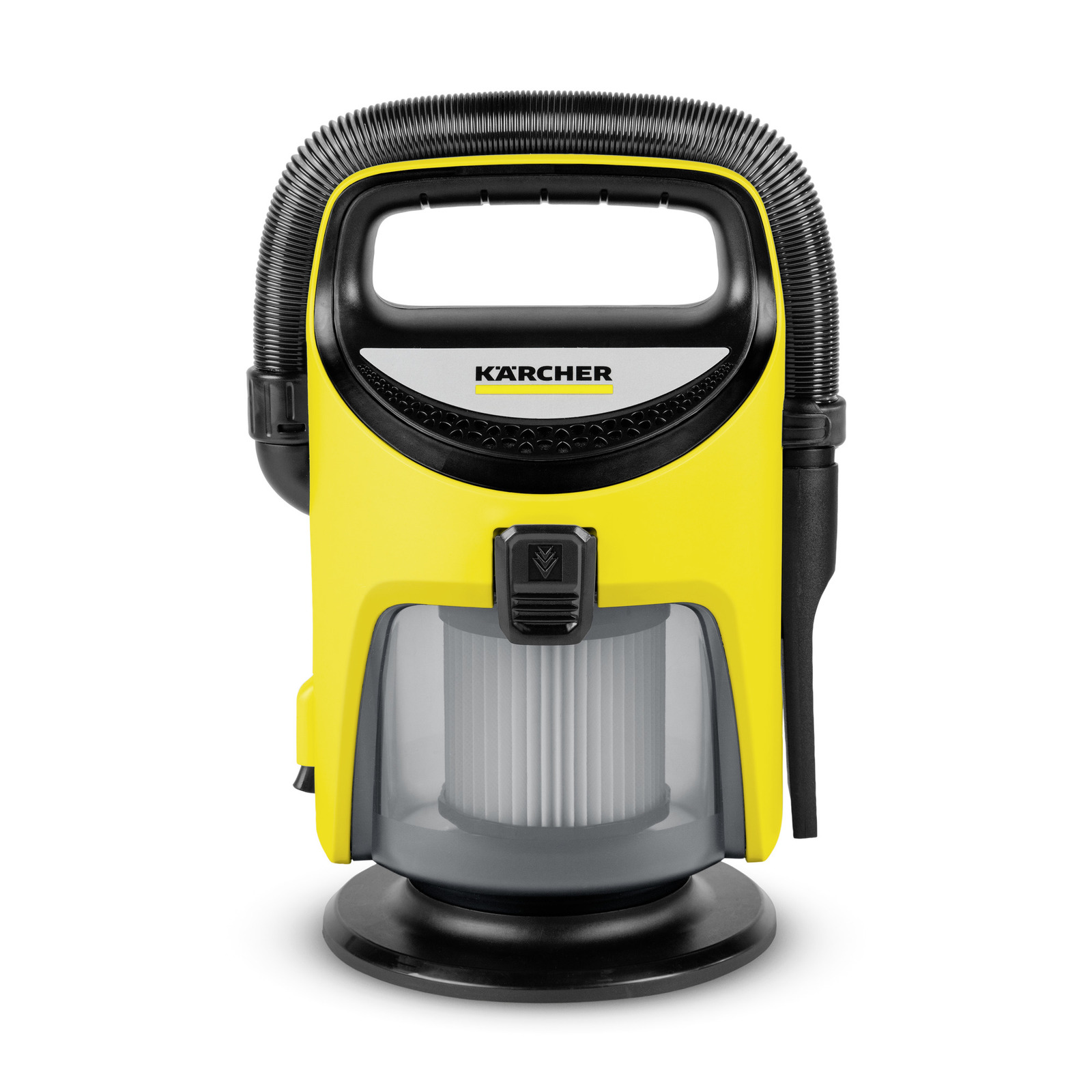 Yellow Kärcher vacuum cleaner with a black handle and hose, featuring a visible white filter inside a transparent chamber.