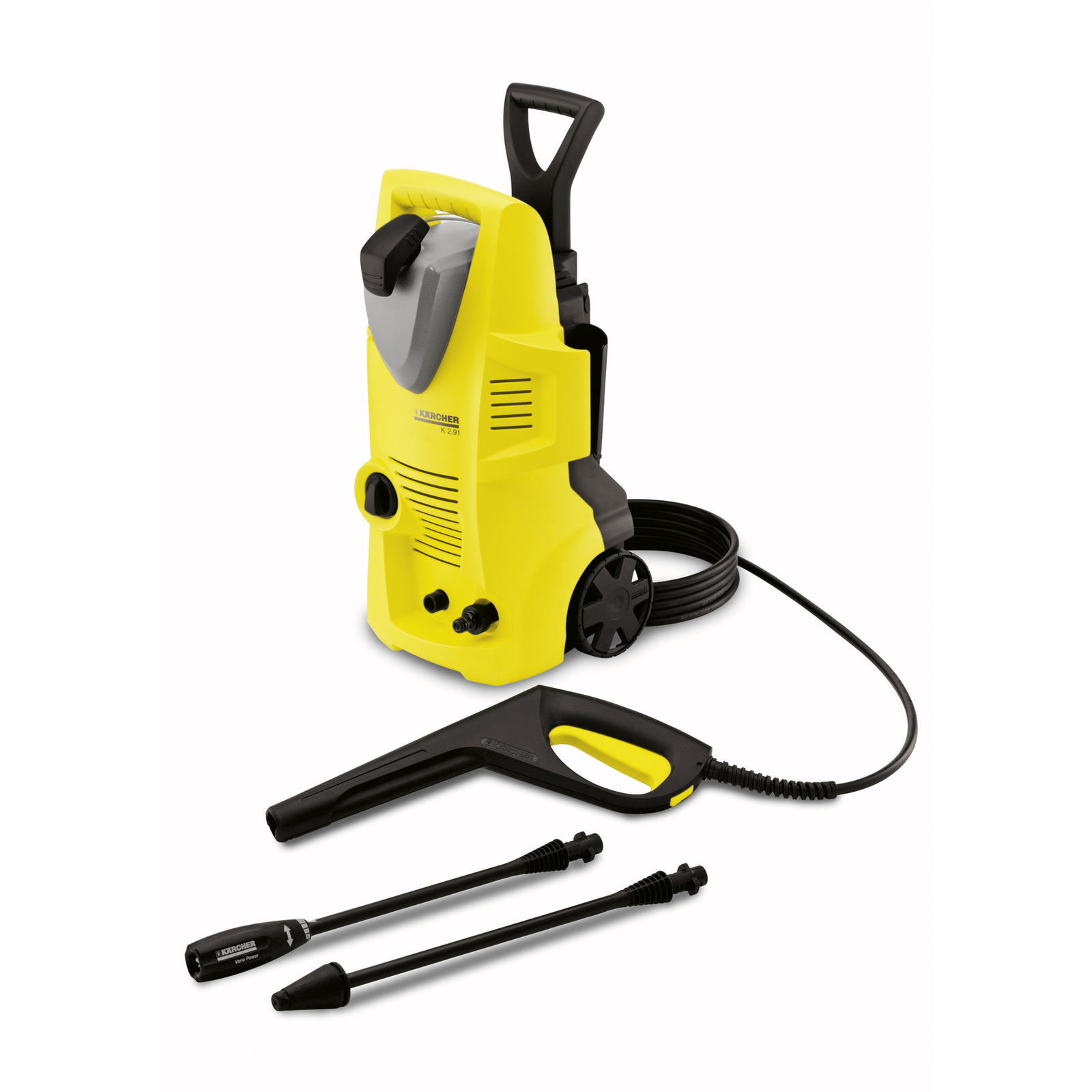 Yellow Kärcher high-pressure cleaner with black handle, hose, and two spray attachments on a white background.