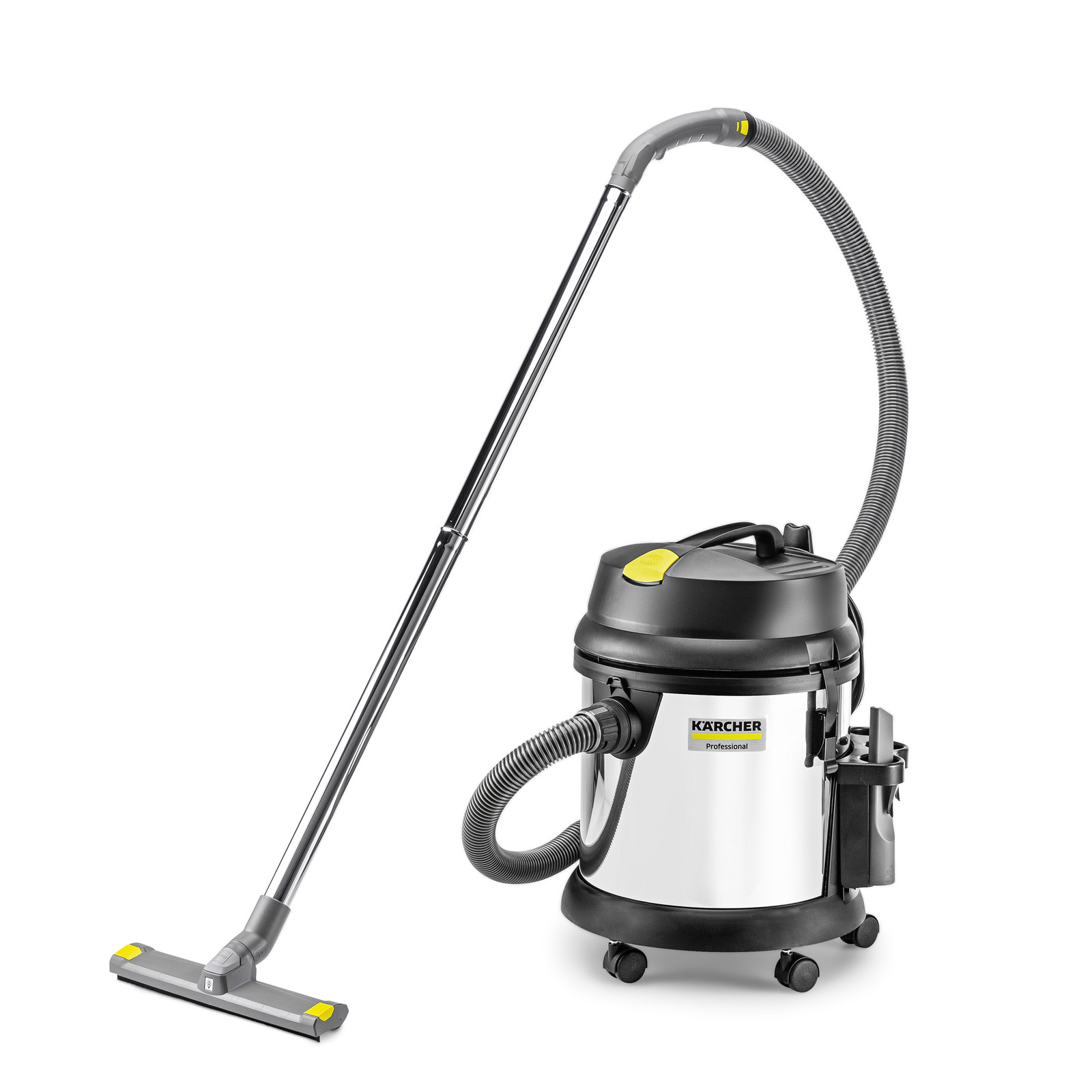 Kärcher wet and dry vacuum cleaner with a stainless steel body, flexible hose, and floor nozzle attachment.
