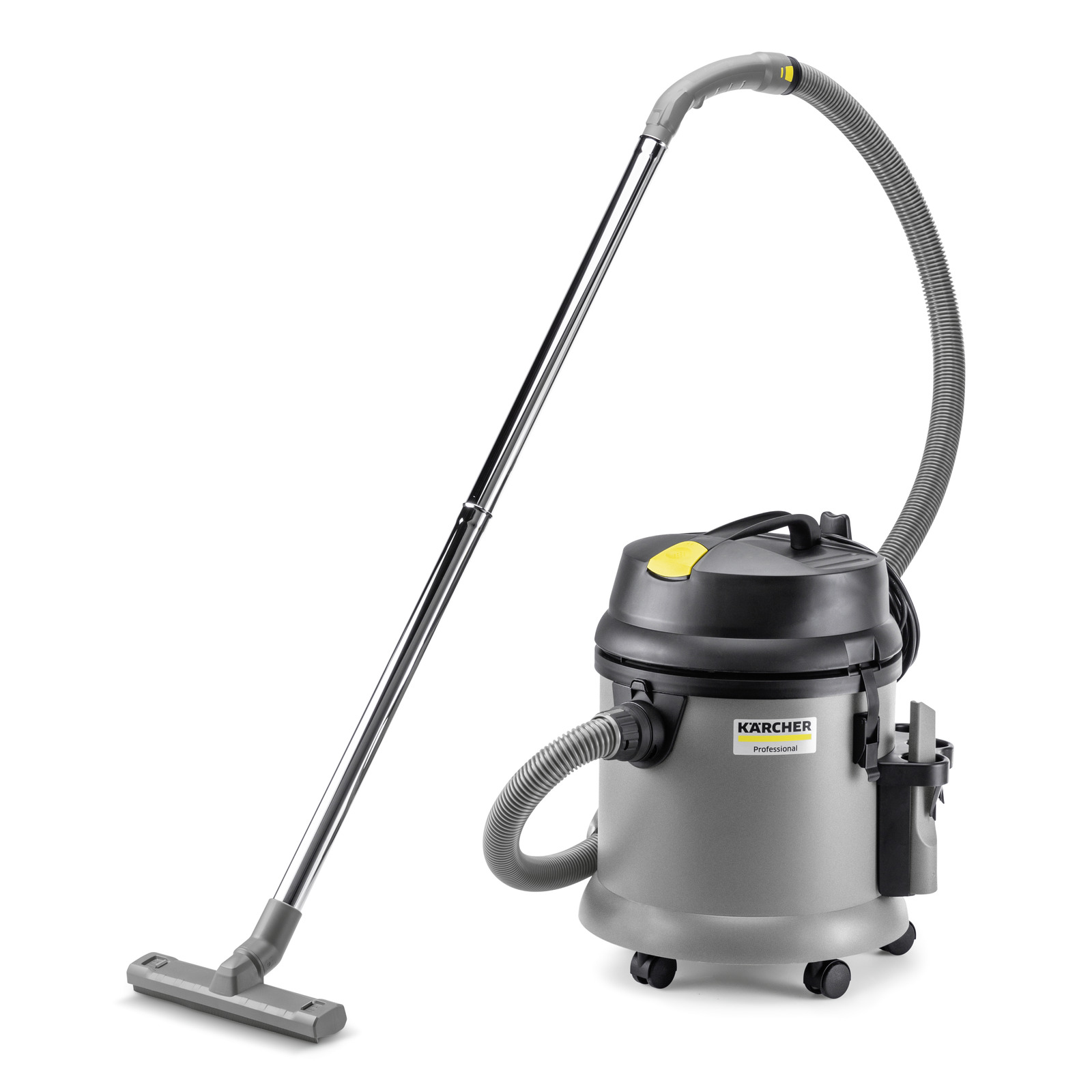Kärcher wet and dry vacuum cleaner with a grey body, black lid, and flexible hose attached to a metal wand. Kärcher wet and dry vacuum cleaner with a grey body, black lid, and flexible hose attached to a metal wand.
