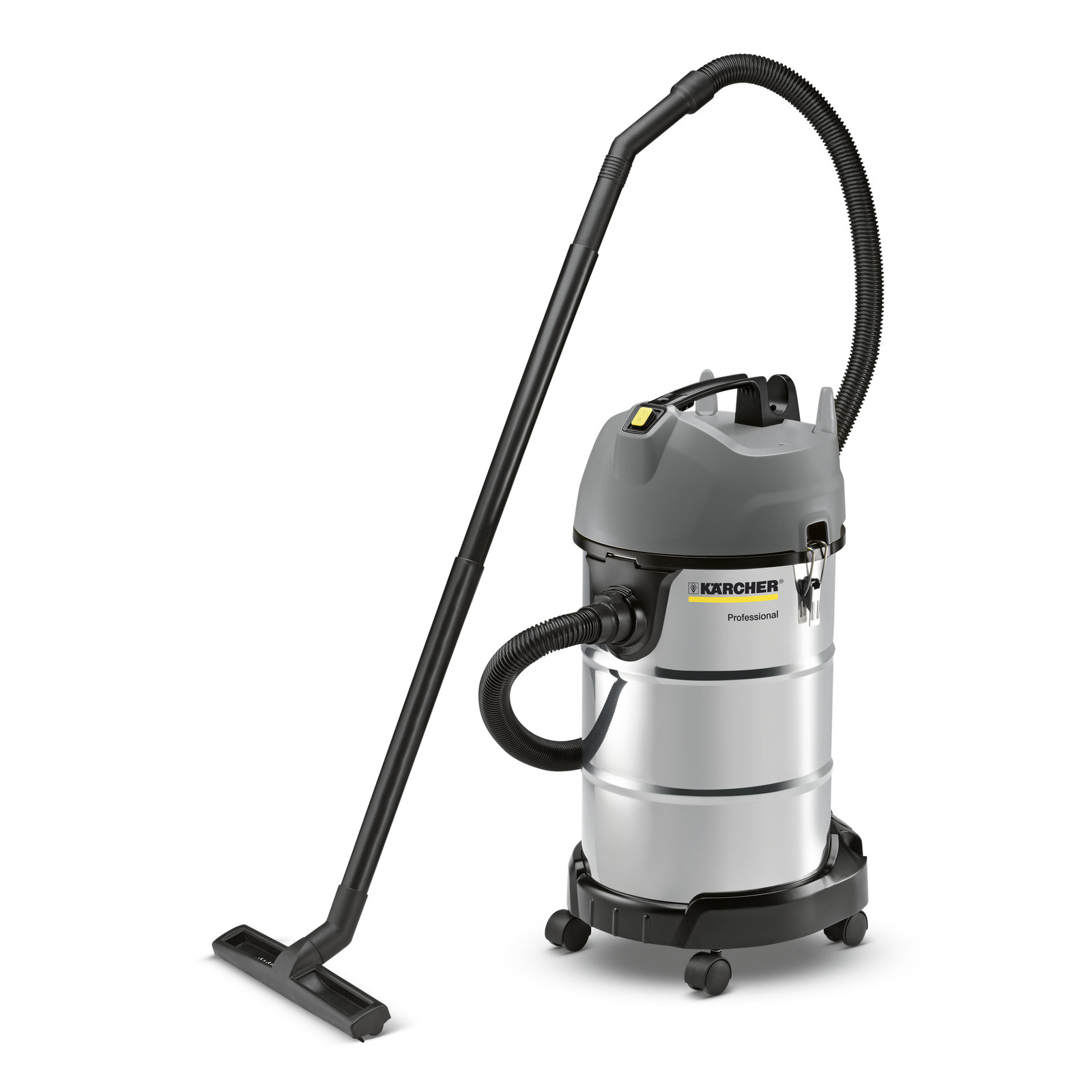 Kärcher professional wet and dry vacuum cleaner with a long hose and floor nozzle, featuring a grey top and stainless steel body.