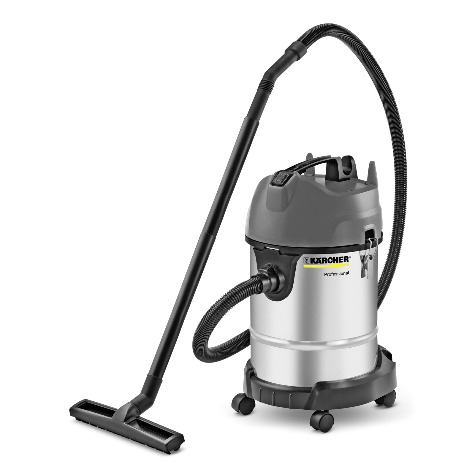 Kärcher wet and dry vacuum cleaner with a silver body, black top, and long hose on wheels.