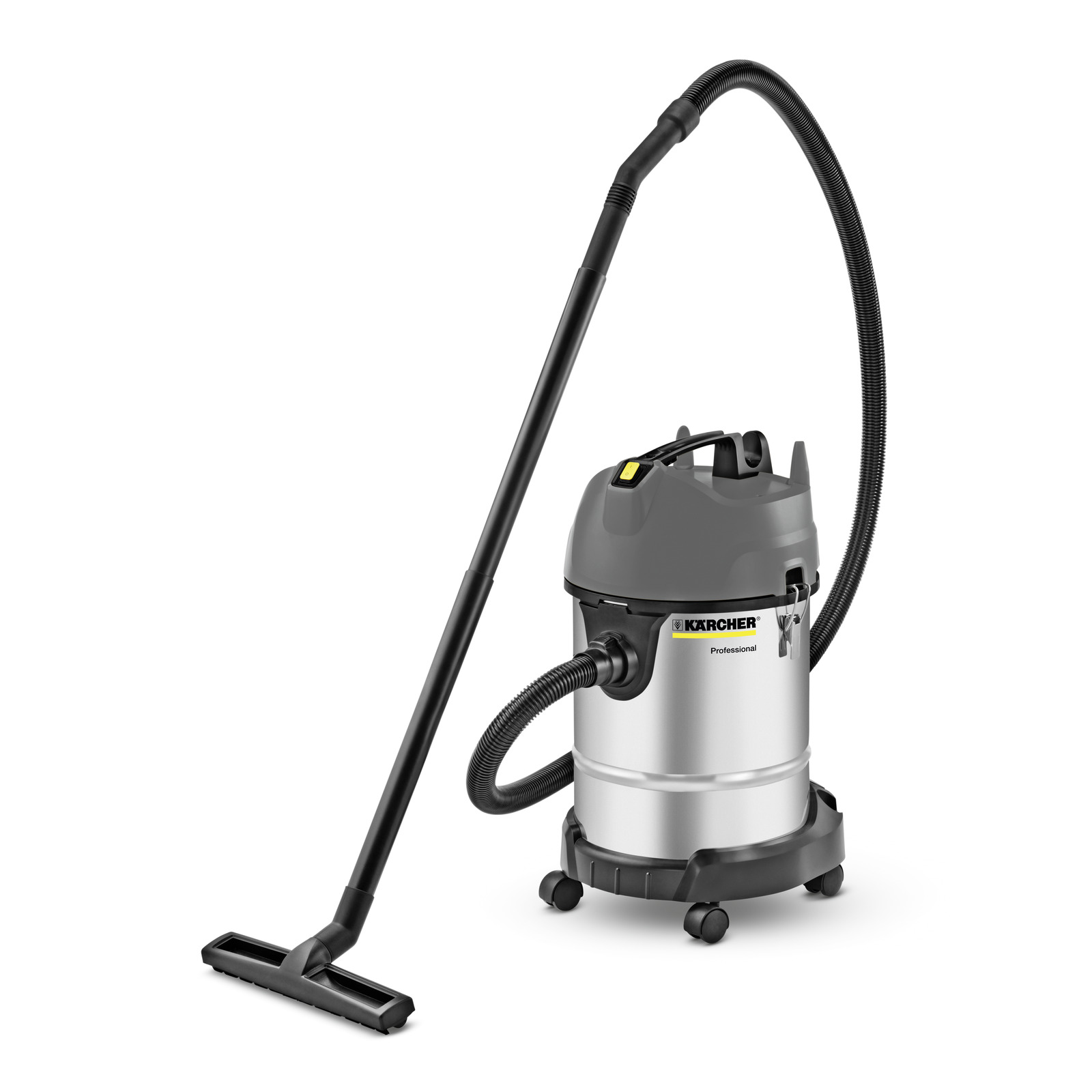 Kärcher wet and dry vacuum cleaner with a silver body, black hose, and floor nozzle, set against a white background. Kärcher wet and dry vacuum cleaner with a silver body, black hose, and floor nozzle, set against a white background.