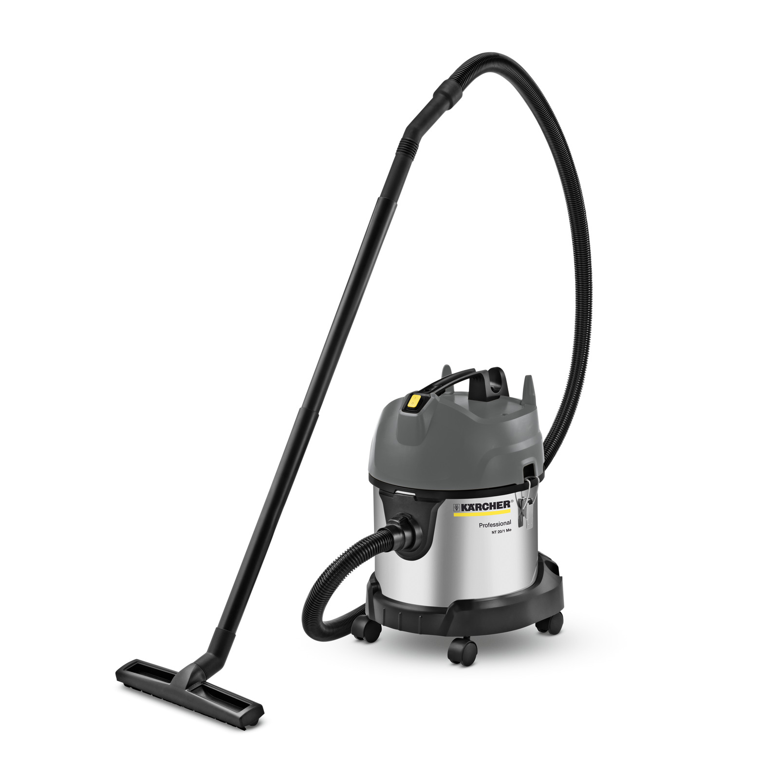 Kärcher wet and dry vacuum cleaner with long hose and floor nozzle, grey and black design, set on a white background. Kärcher wet and dry vacuum cleaner with long hose and floor nozzle, grey and black design, set on a white background.