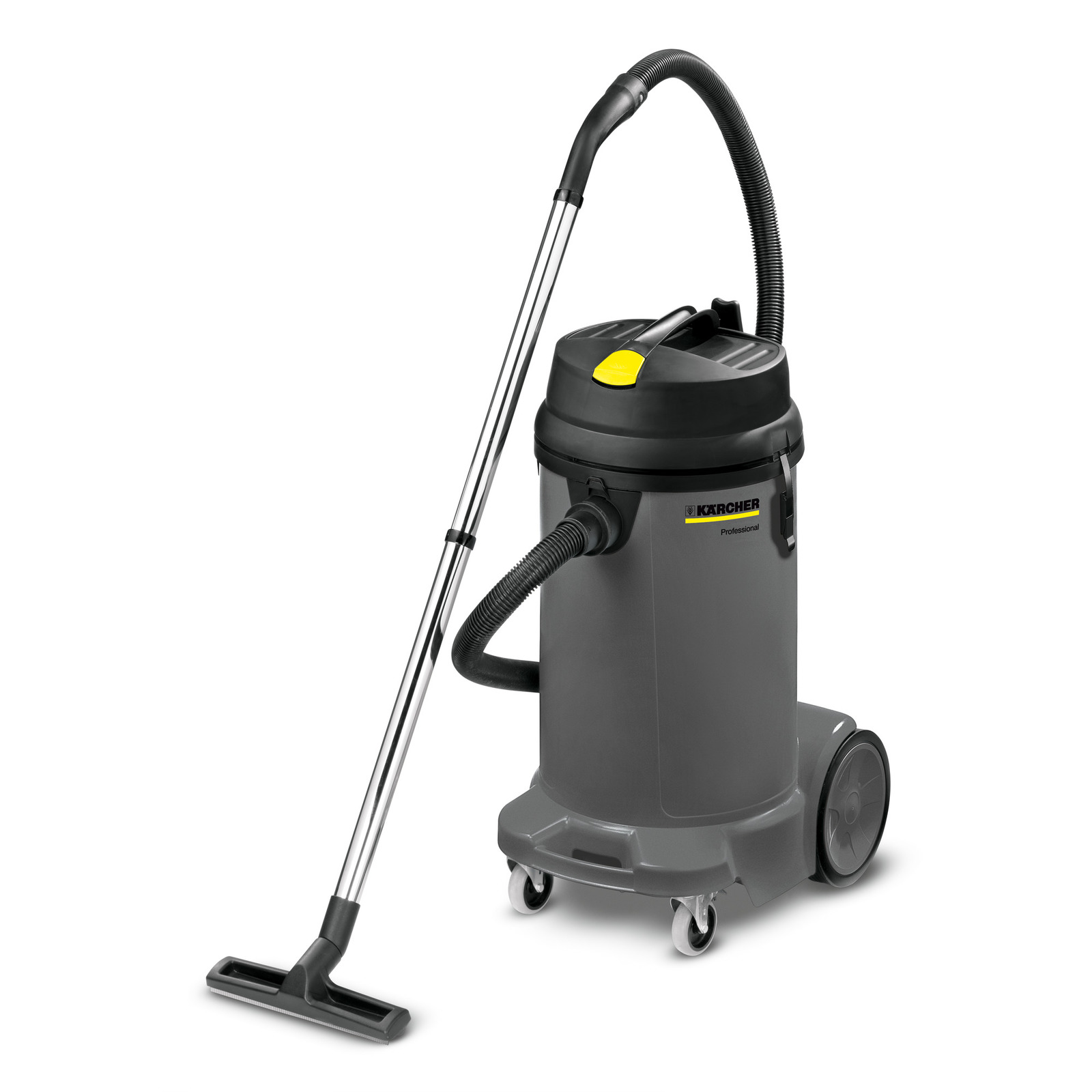 Kärcher professional wet and dry vacuum cleaner with a grey cylindrical body, black hose, and wheels. Kärcher professional wet and dry vacuum cleaner with a grey cylindrical body, black hose, and wheels.