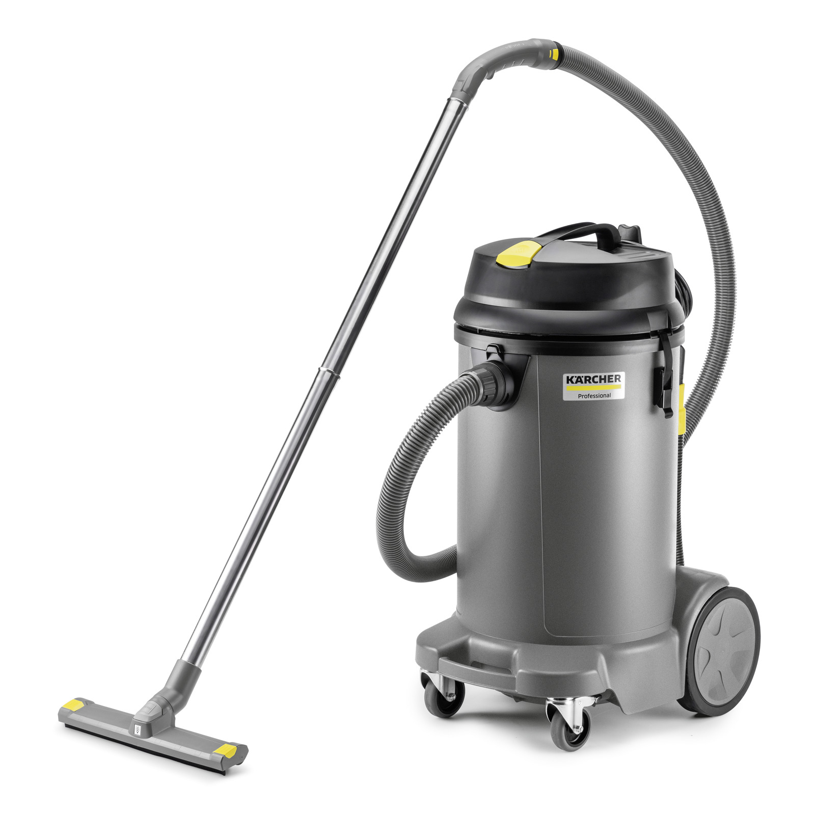 Kärcher professional wet and dry vacuum cleaner with a long hose and metal wand, featuring a grey body and black top. Kärcher professional wet and dry vacuum cleaner with a long hose and metal wand, featuring a grey body and black top.