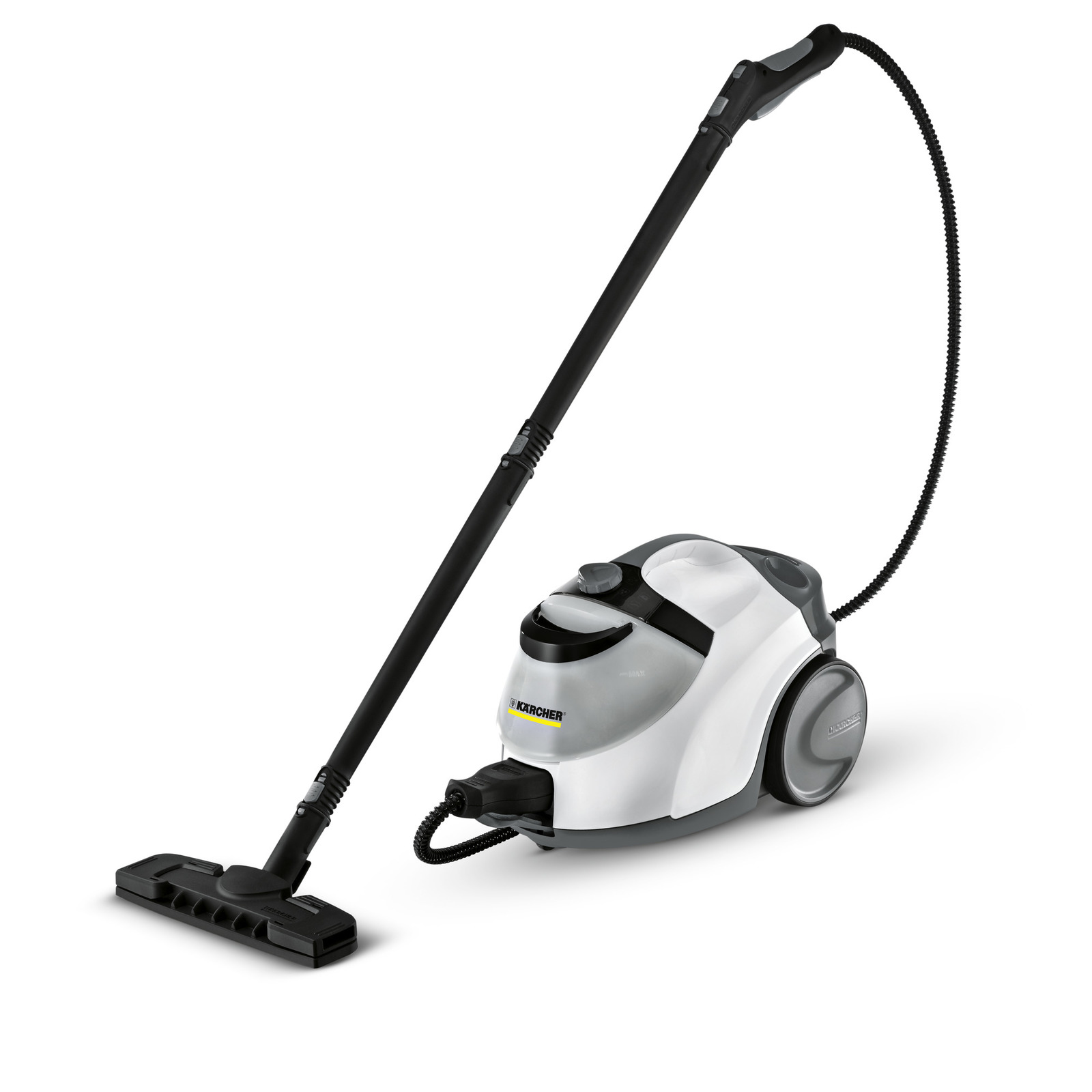 Kärcher steam cleaner with a long black hose and nozzle, featuring a white and grey body with wheels. Kärcher steam cleaner with a long black hose and nozzle, featuring a white and grey body with wheels.