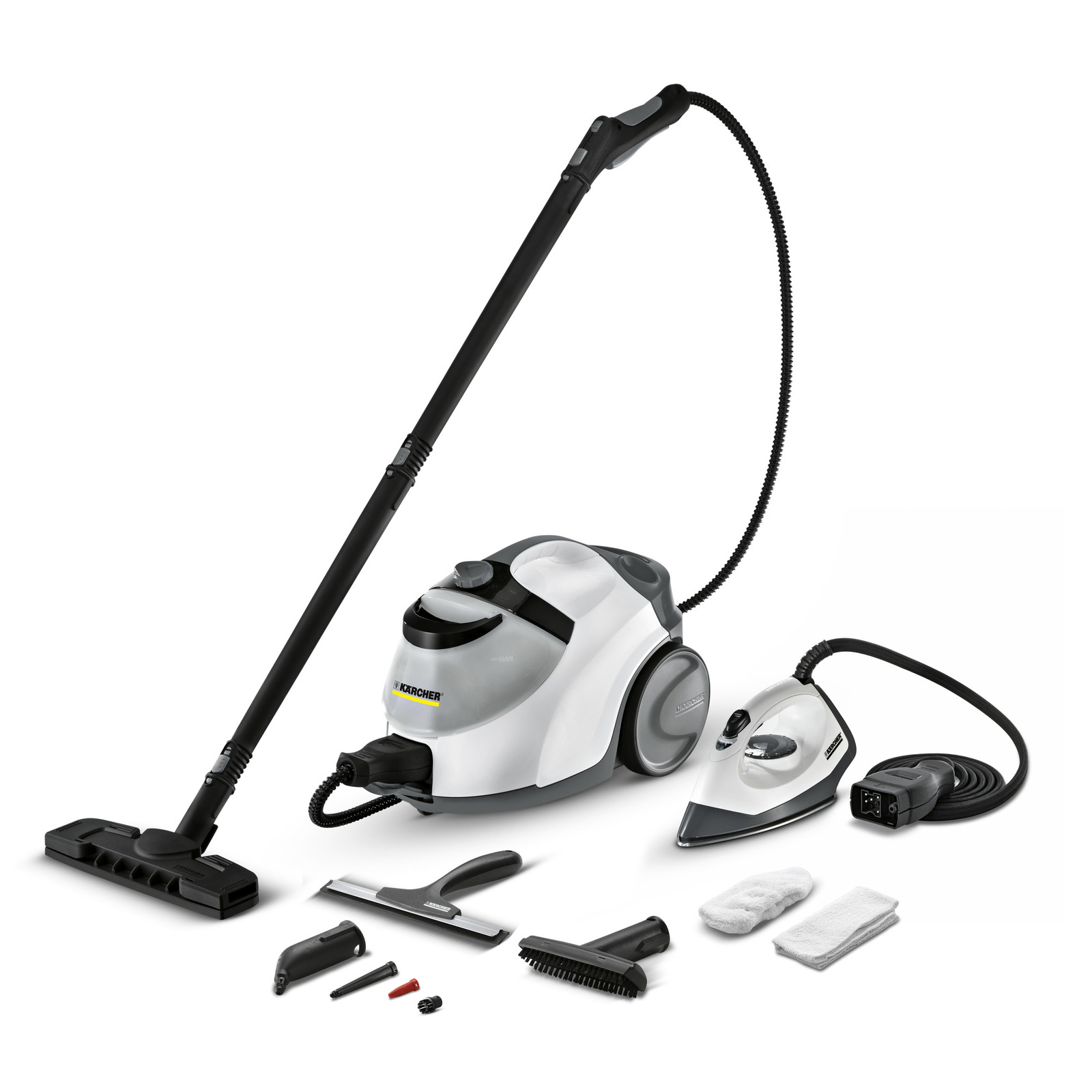 Kärcher steam cleaner with accessories including an iron, squeegee, brush, and cloths on a white background. Kärcher steam cleaner with accessories including an iron, squeegee, brush, and cloths on a white background.