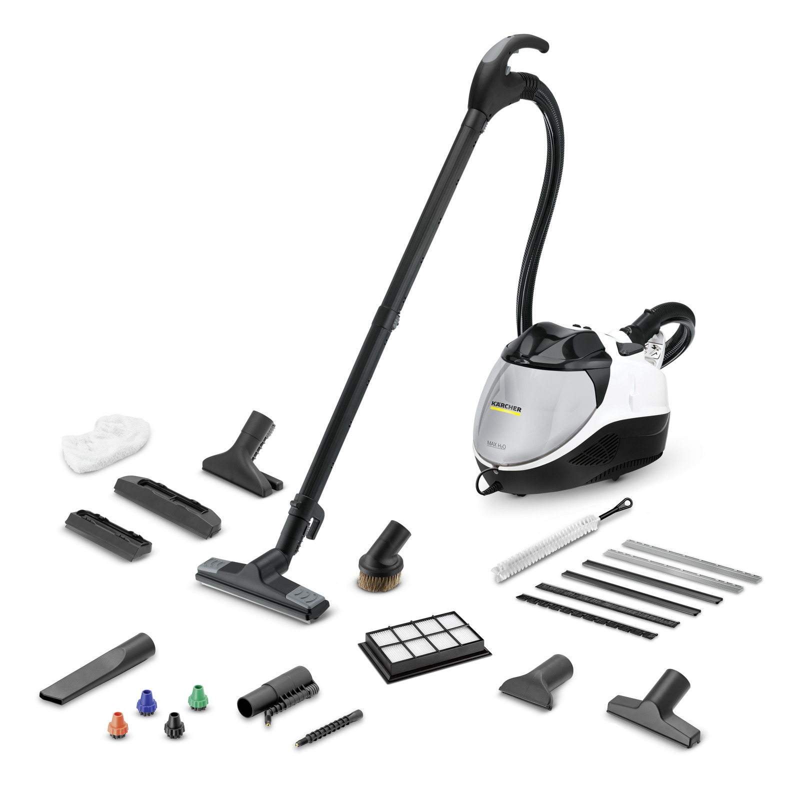 Kärcher steam cleaner with various attachments, including brushes, nozzles, and filters, arranged on a white background.