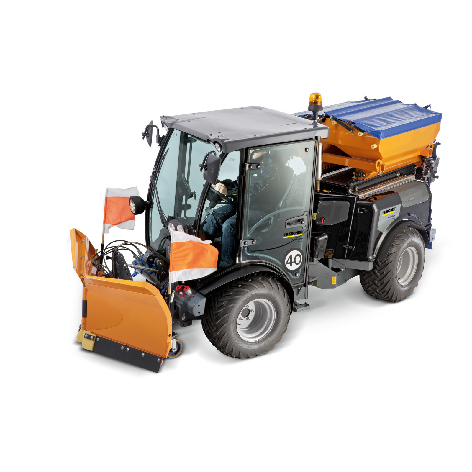 Kärcher municipal vehicle with snow plough attachment, orange flags, and a blue cover, driven by a person in a cab.