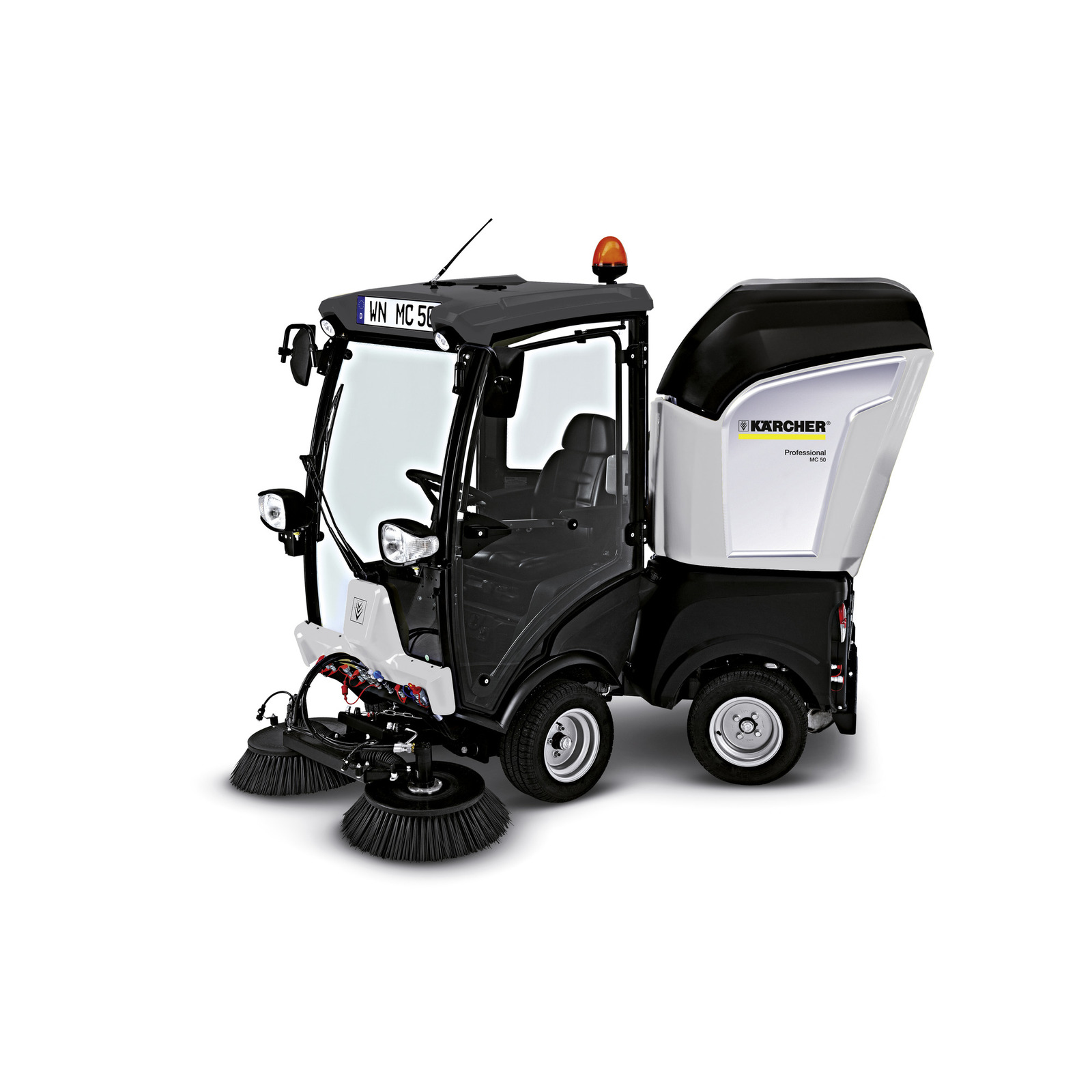 Kärcher MC 50 Professional sweeper with enclosed cab, dual brushes, and rear waste container, shown against a white background.