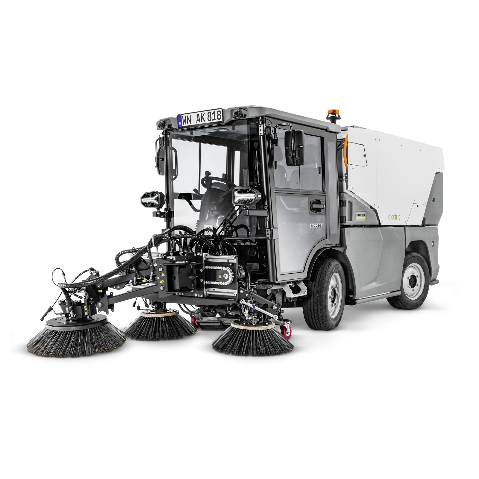 Kärcher MC 250 electric street sweeper with dual rotating brushes, grey cab, and white body, isolated on a white background. Kärcher MC 250 electric street sweeper with dual rotating brushes, grey cab, and white body, isolated on a white background.
