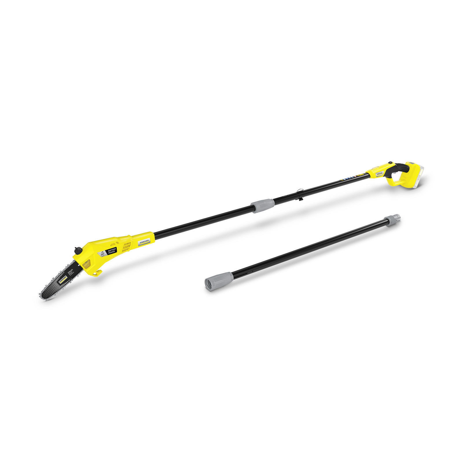 Kärcher battery-powered pole saw with extension, featuring a yellow handle and black shaft, displayed on a white background. Kärcher battery-powered pole saw with extension, featuring a yellow handle and black shaft, displayed on a white background.