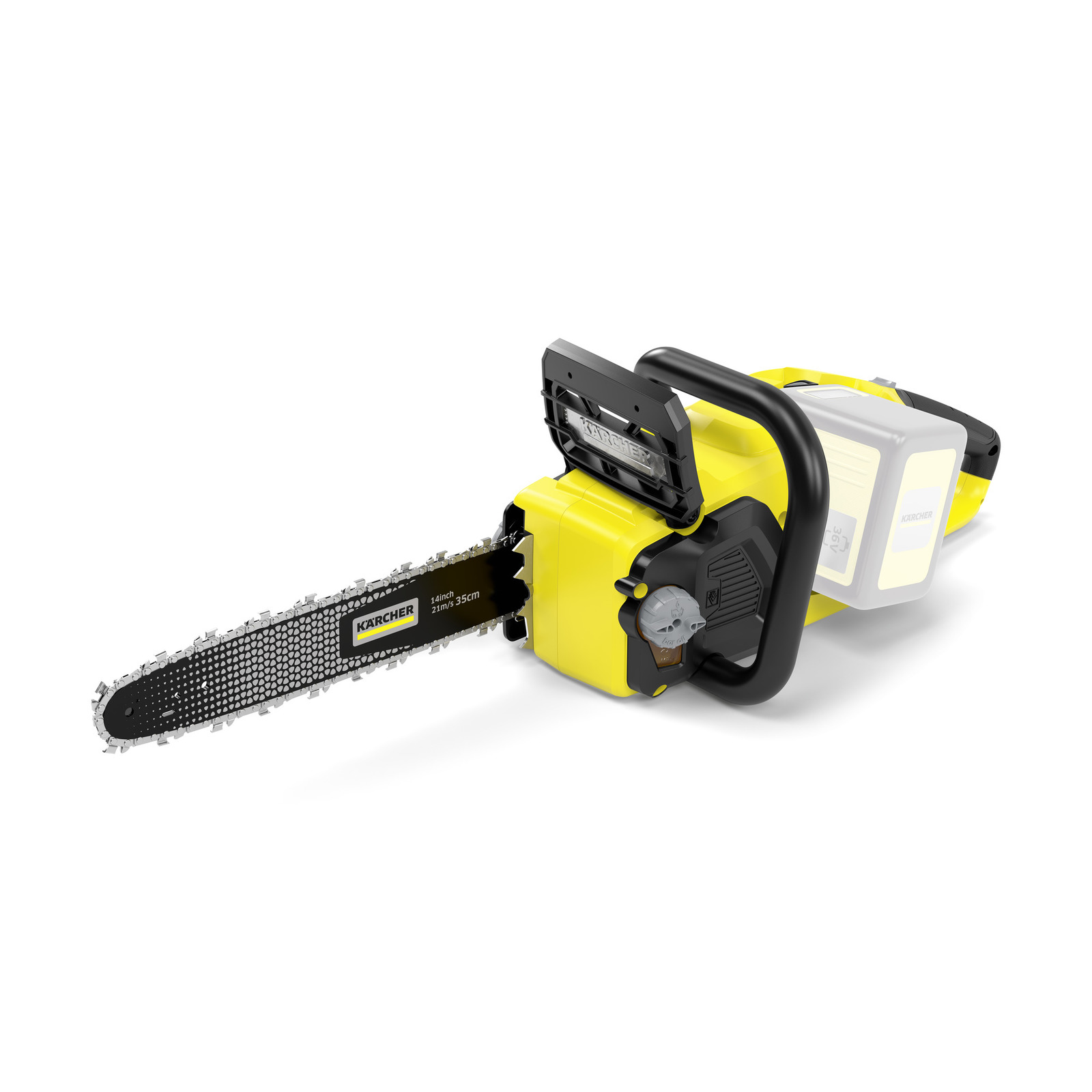 Yellow Kärcher chainsaw with a 35cm blade, featuring a black handle and battery compartment.