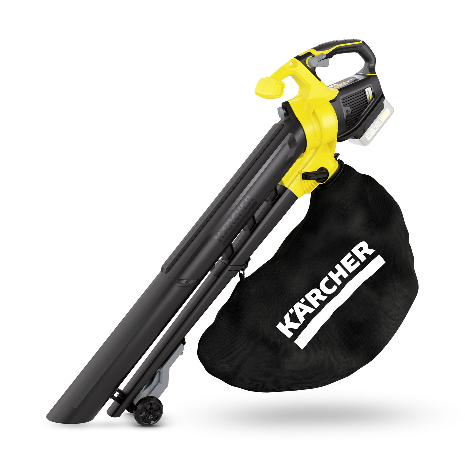 Kärcher leaf blower with a black collection bag and yellow handle, shown on a white background. Kärcher leaf blower with a black collection bag and yellow handle, shown on a white background.