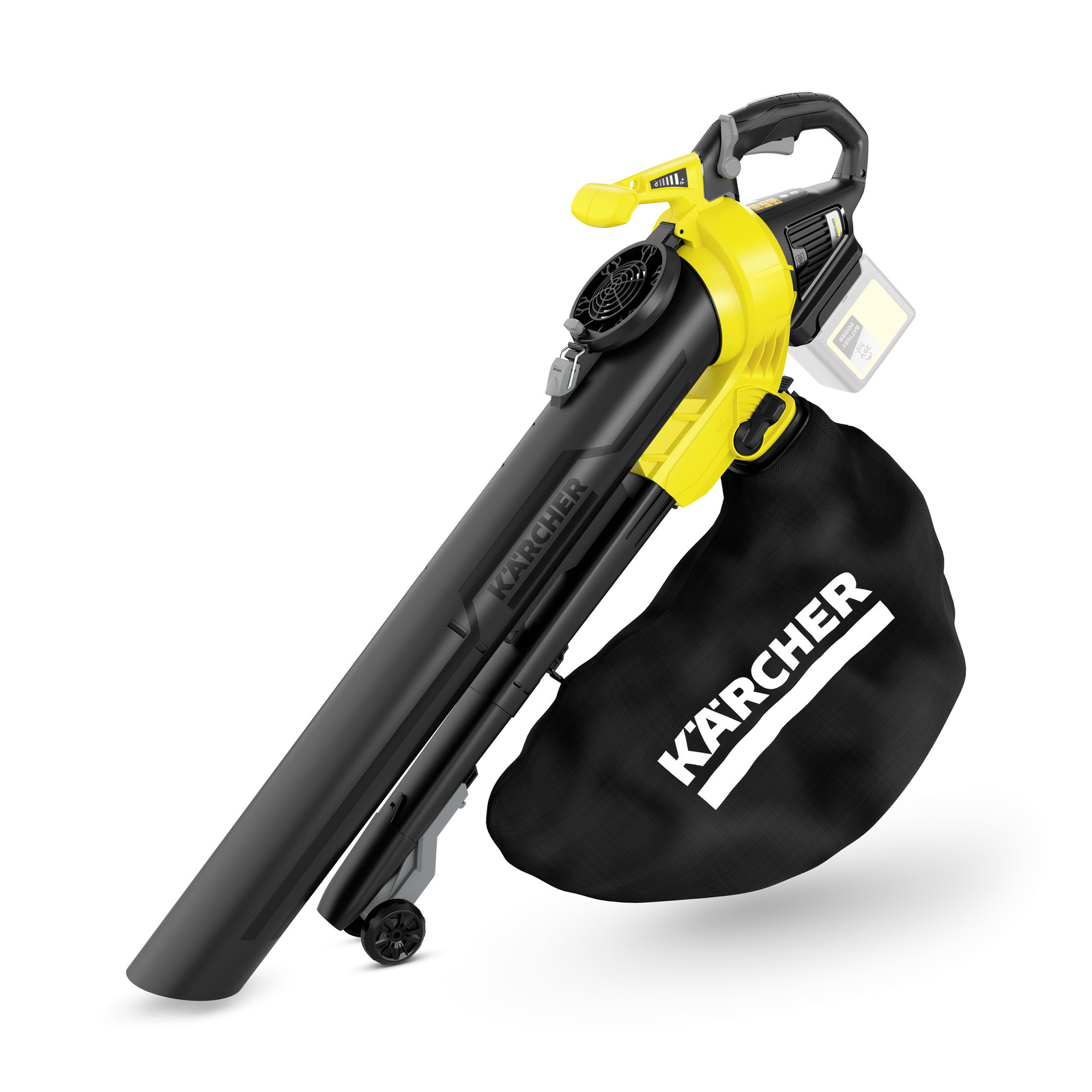 Kärcher leaf blower with black collection bag and yellow handle, featuring a visible battery compartment.