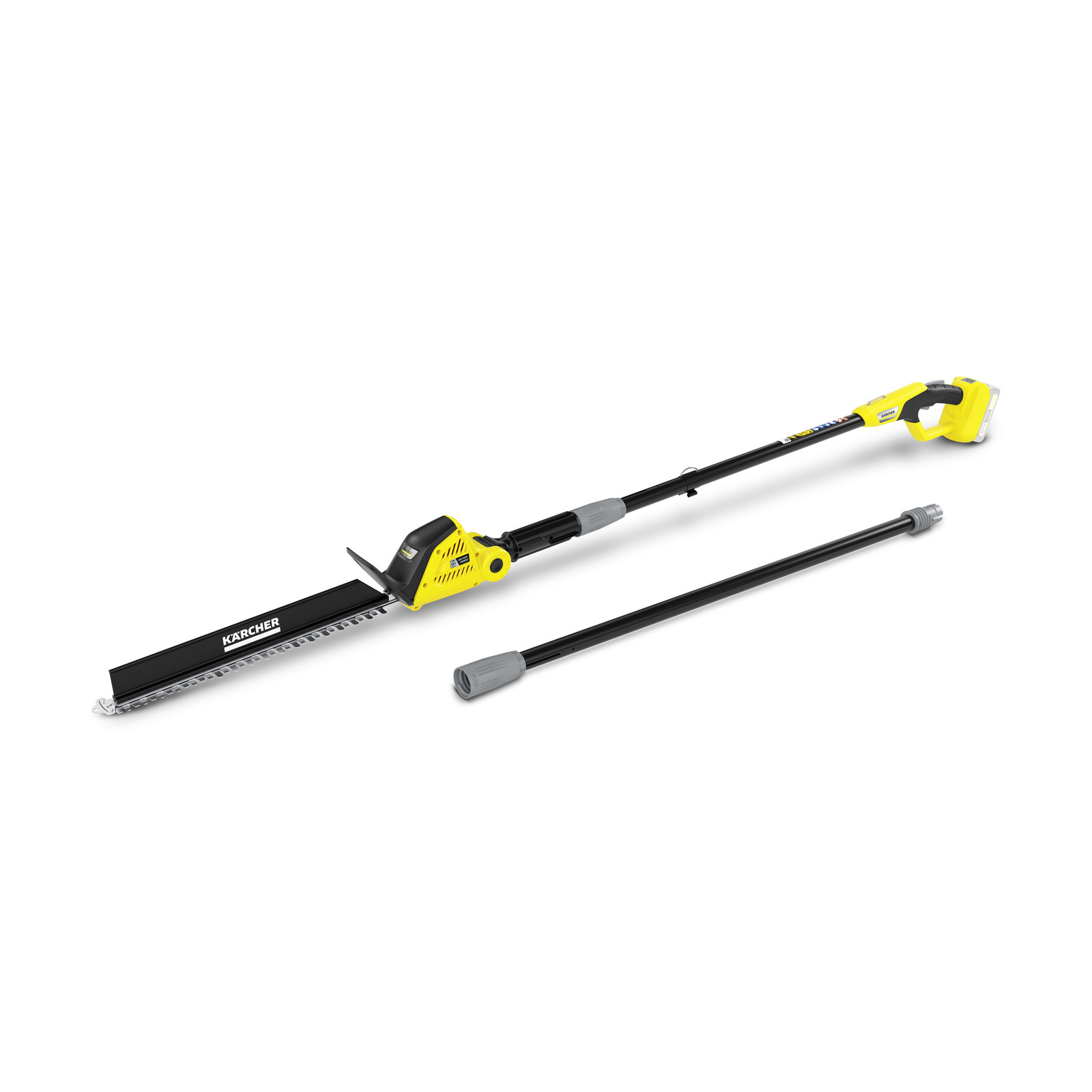 Kärcher telescopic hedge trimmer with yellow handle and black blade, accompanied by an extension pole.