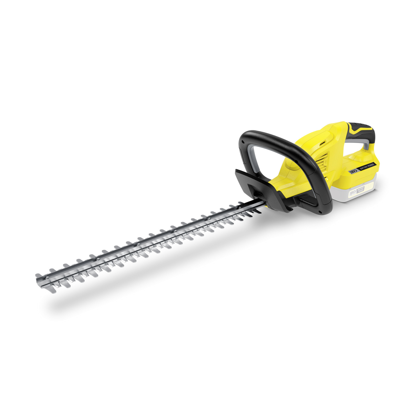Yellow Kärcher hedge trimmer with black handle and silver blade, isolated on a white background. Yellow Kärcher hedge trimmer with black handle and silver blade, isolated on a white background.
